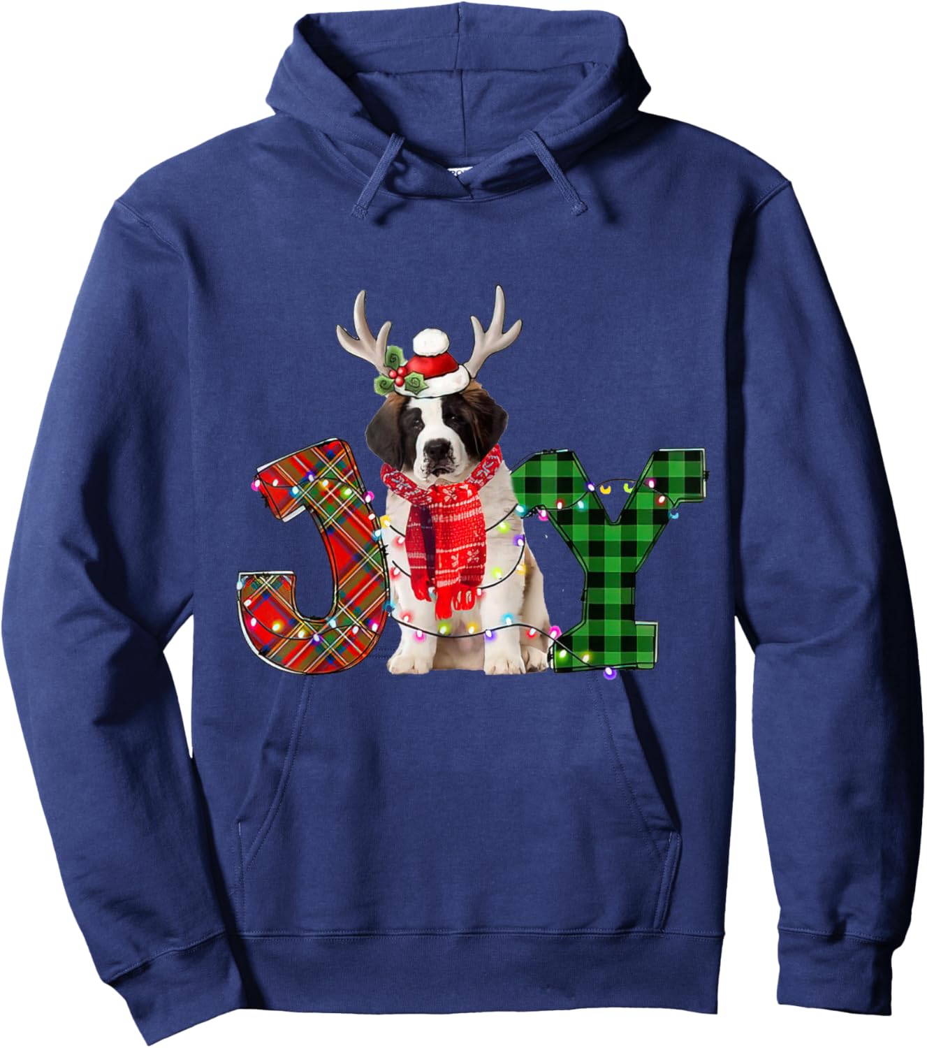 Joy Christmas Lights Saint Bernard Dog Santa Hat Pajama Women Kids Hoodie - Hoodie | Navy