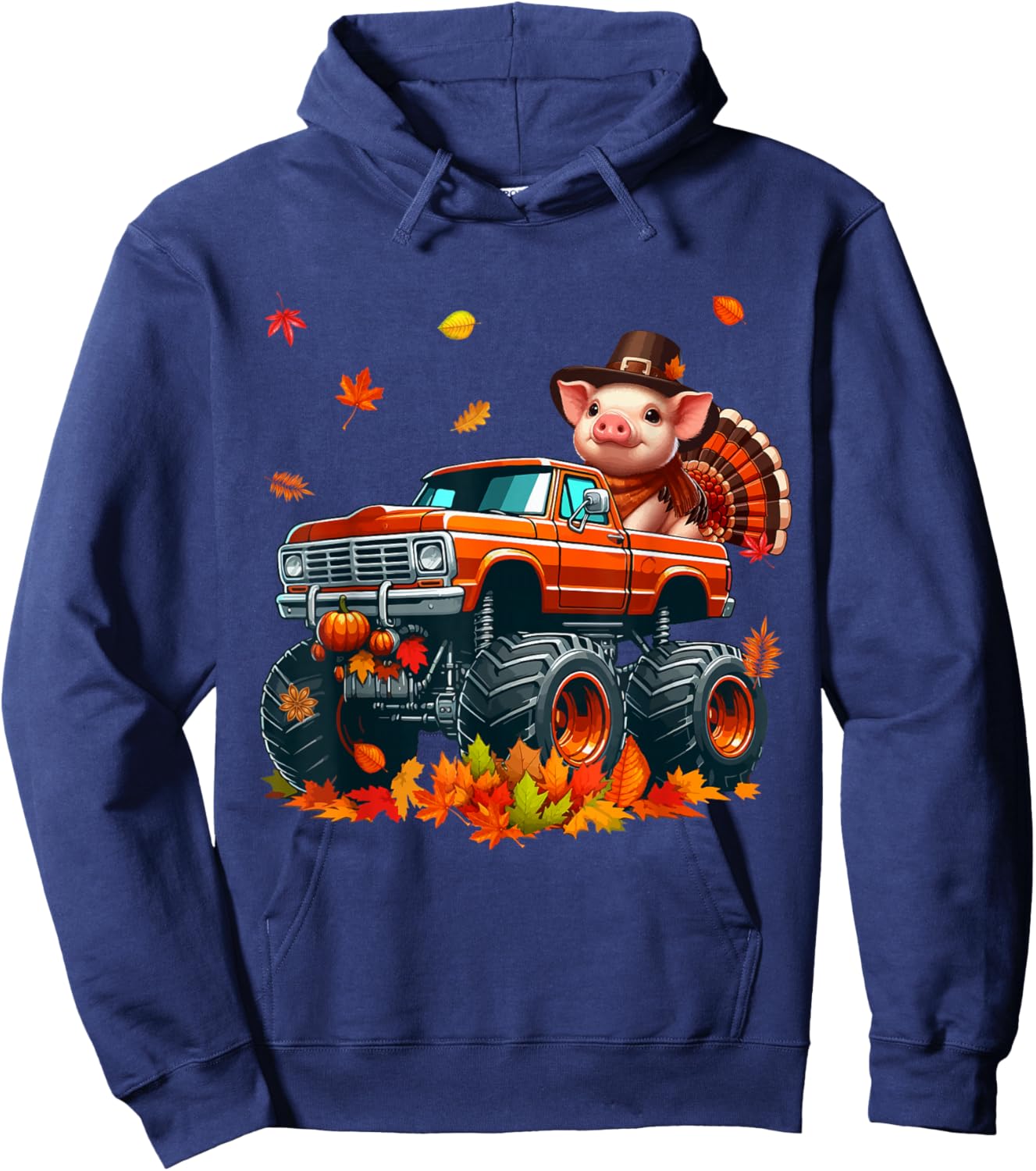 Pig Cosplay Turkey On Monster Truck Thanksgiving Farmer Hoodie - Hoodie | Navy