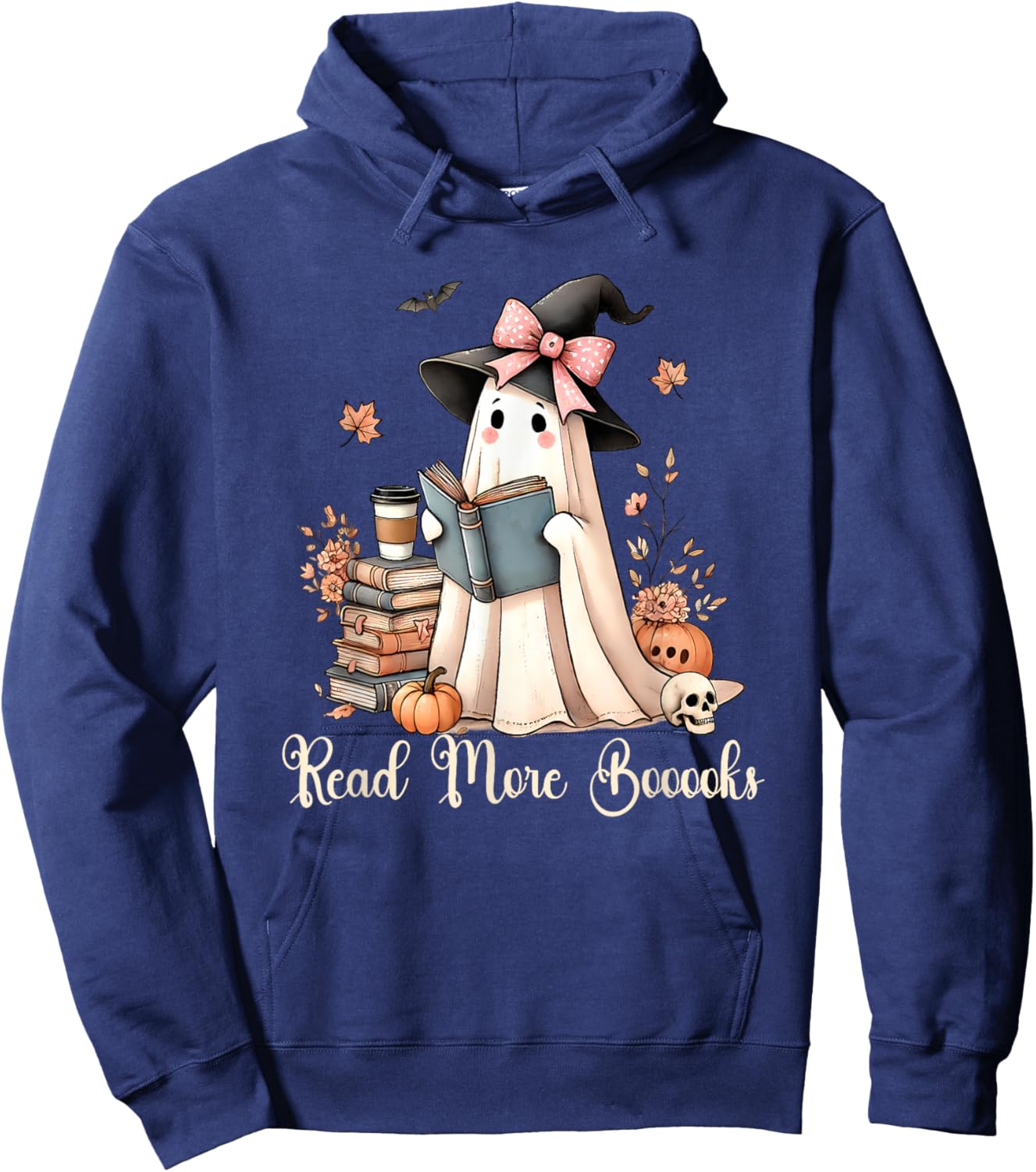 Ghost Reading Book Coquette Bow Halloween Girl Kid Teacher Hoodie - Hoodie | Navy