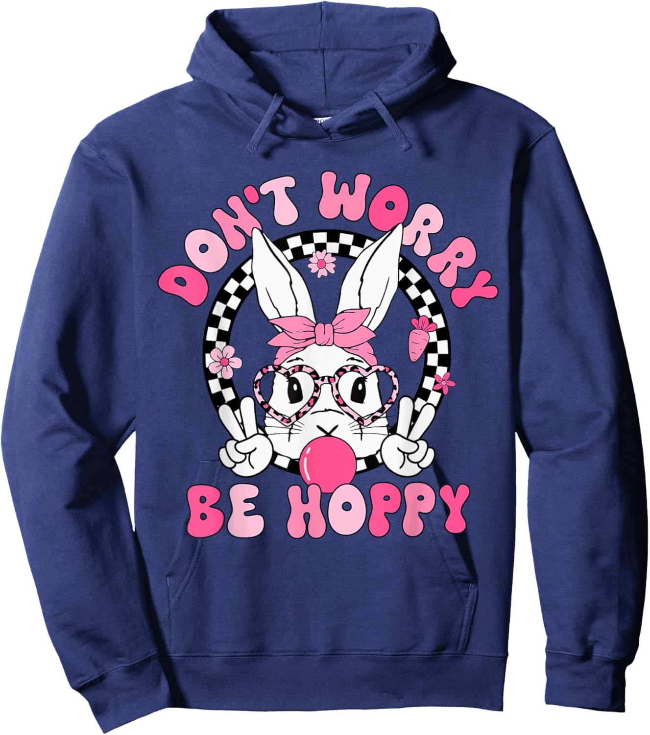 Happy Easter Groovy Bunny Face Don't Worry Be Hoppy Women Hoodie - Hoodie | Navy