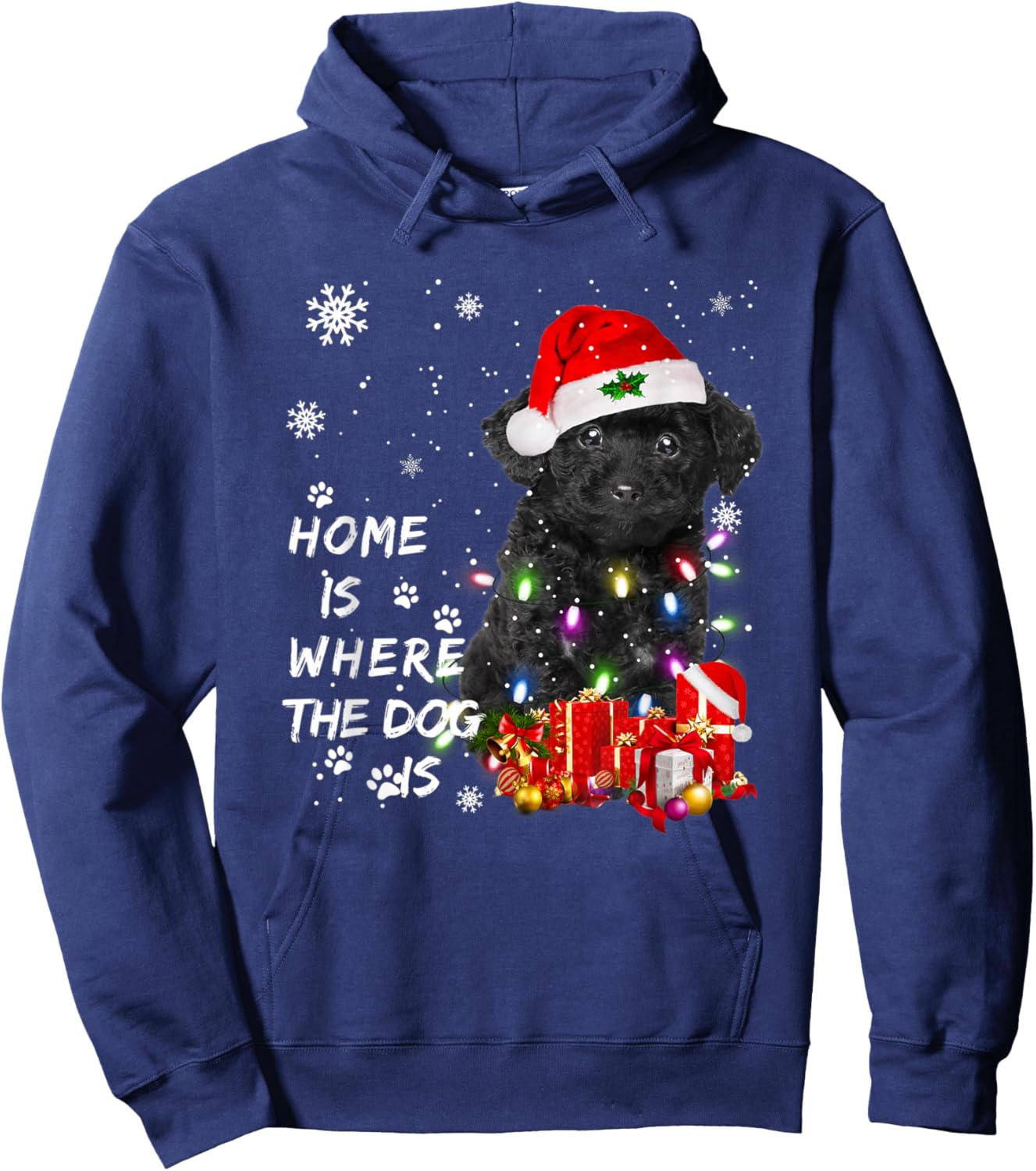 Black Poodle dog Santa Christmas Tree Lights Xmas Boys Dog Hoodie - Hoodie | Navy