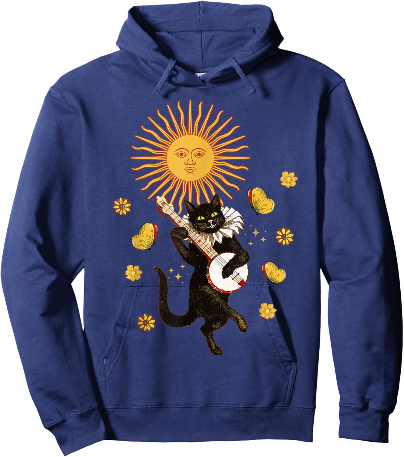 Medieval Jester Cat Playing Banjo Women Girls Kids Hoodie - Hoodie | Navy