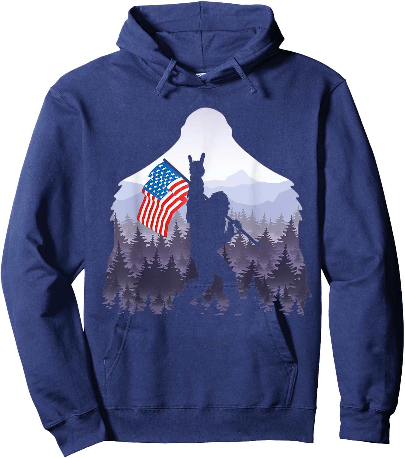 USA flag Bigfoot Victorty sign Peace in the forest camping Women Men Hoodie - Hoodie | Navy