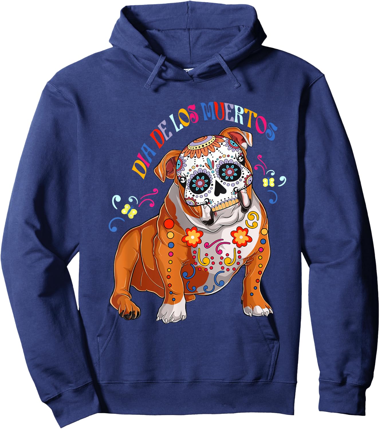 Dia De Los Muertos English Bulldog Floral Skull Face Mexican Women Hoodie - Hoodie | Navy