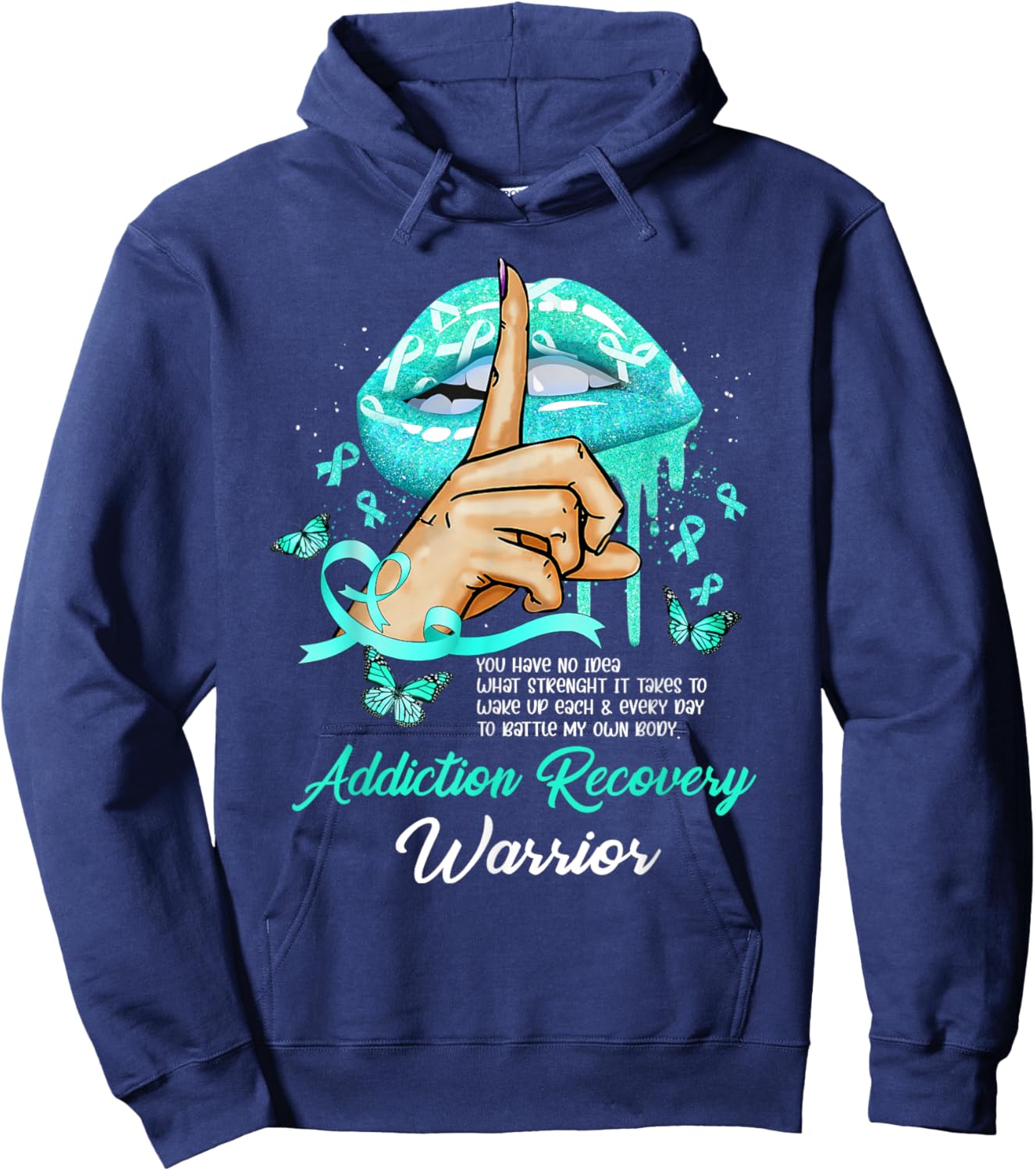 Dripping Lips Butterflies Women Addiction Recovery Warrior Hoodie - Hoodie | Navy