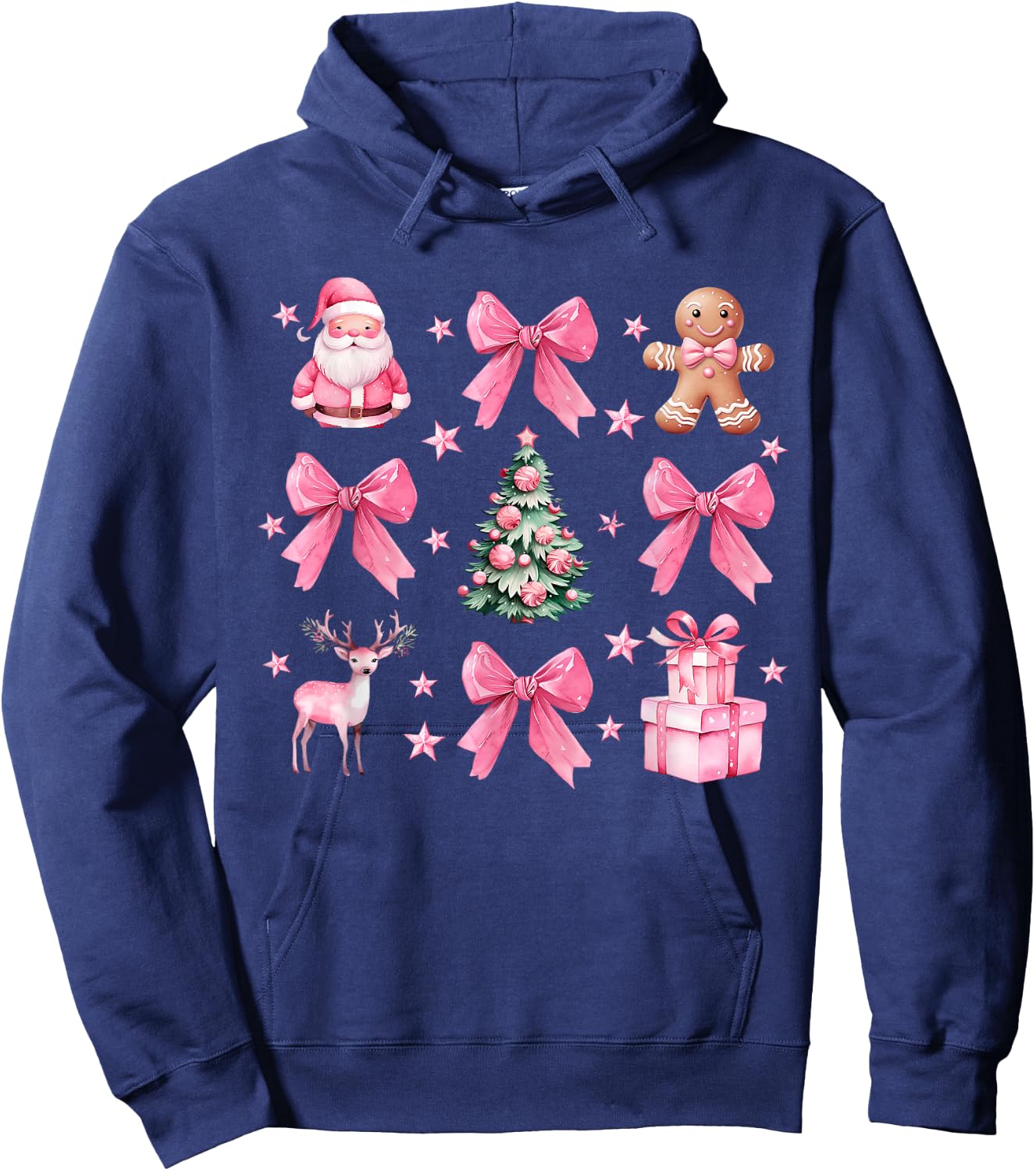 Cute Coquette Bow Pink Christmas Tree Santa Gingerbread Xmas Hoodie - Hoodie | Navy