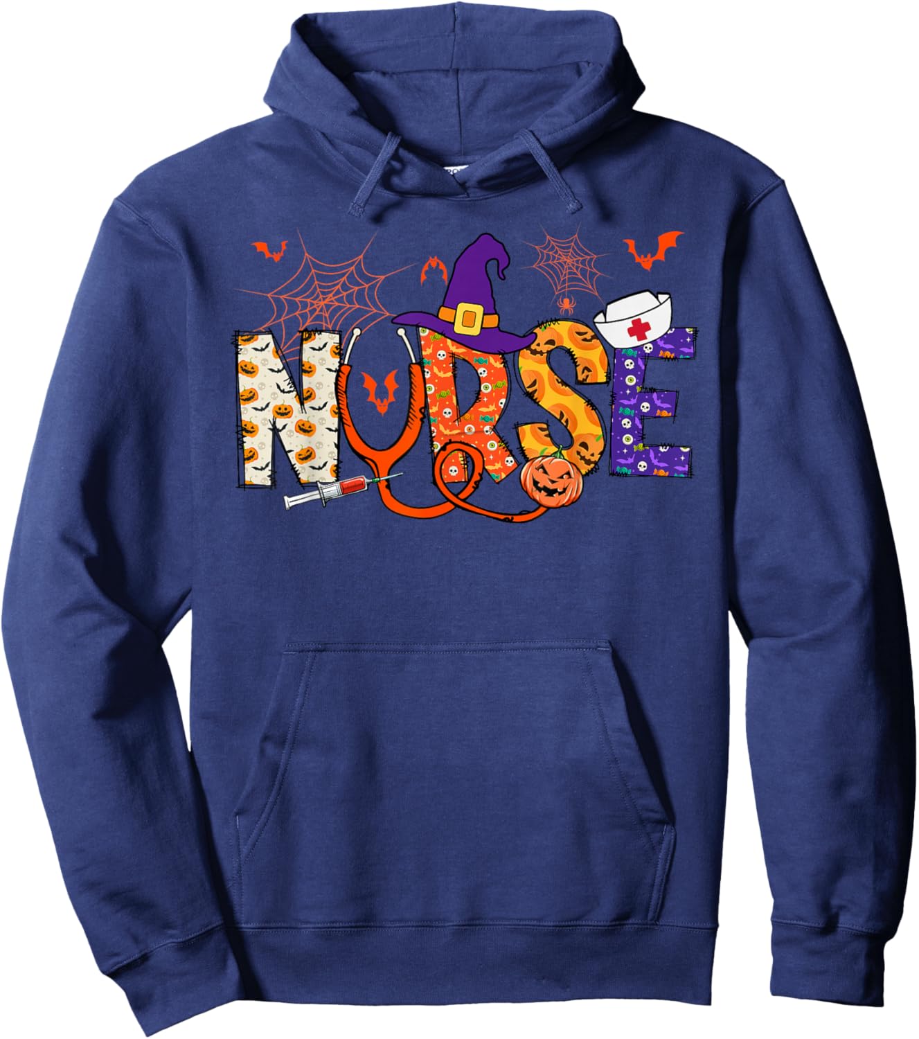 Spooky Nurse Witchy Vintage Hippie Halloween Thanksgiving Hoodie - Hoodie | Navy