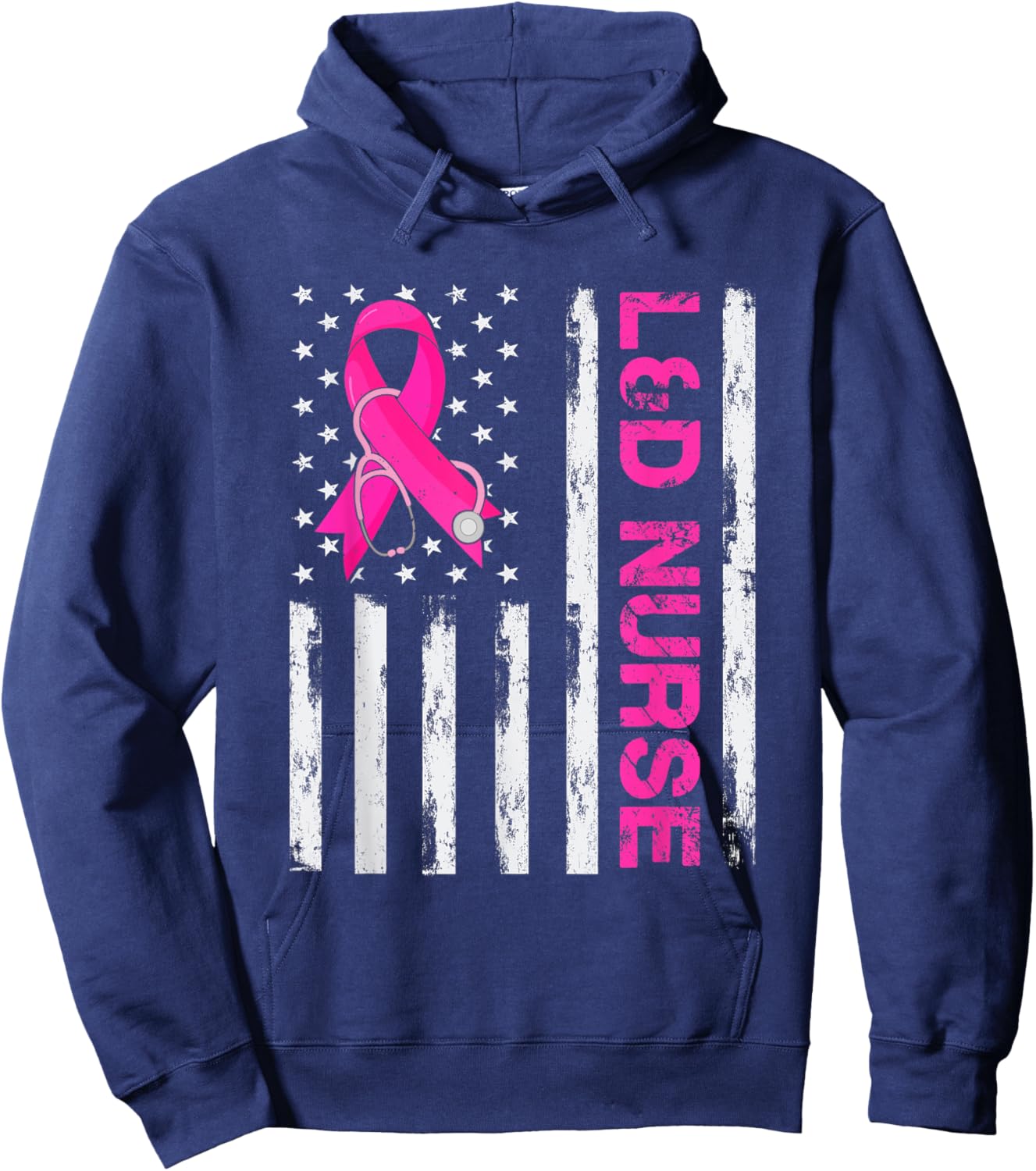 L&D Nurse American Flag Breast Cancer Awareness Pink Ribbon Women Men Hoodie - Hoodie | Navy
