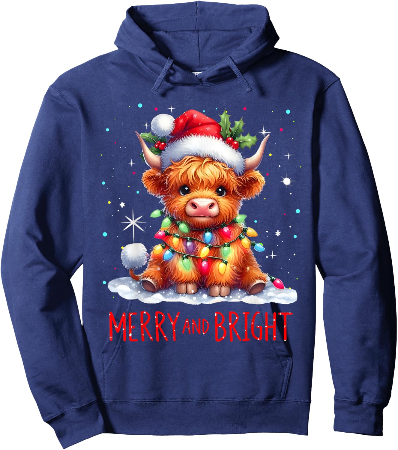 Cute Highland Baby Cow Christmas Lights Merry & Bright Xmas Hoodie - Hoodie | Navy