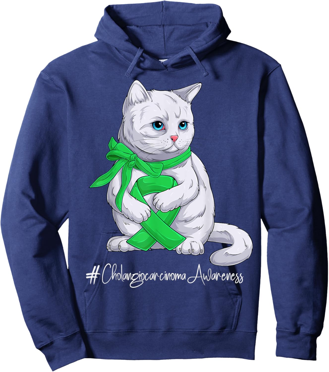 Cholangiocarcinoma Awareness Month Green Ribbon Cat Hoodie - Hoodie | Navy