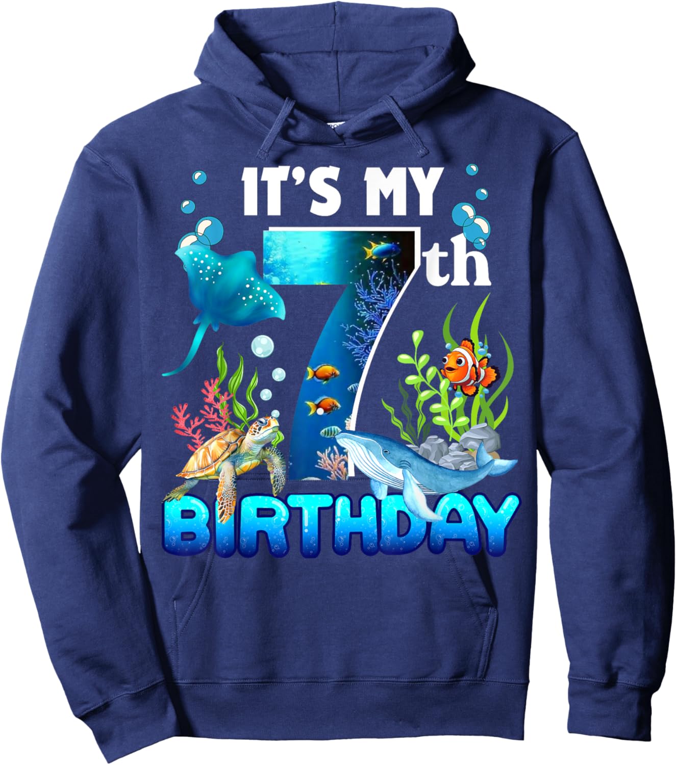 It's My 7th Birthday Party Ocean 7 Years Old Sea Fish B-Day Hoodie - Hoodie | Navy