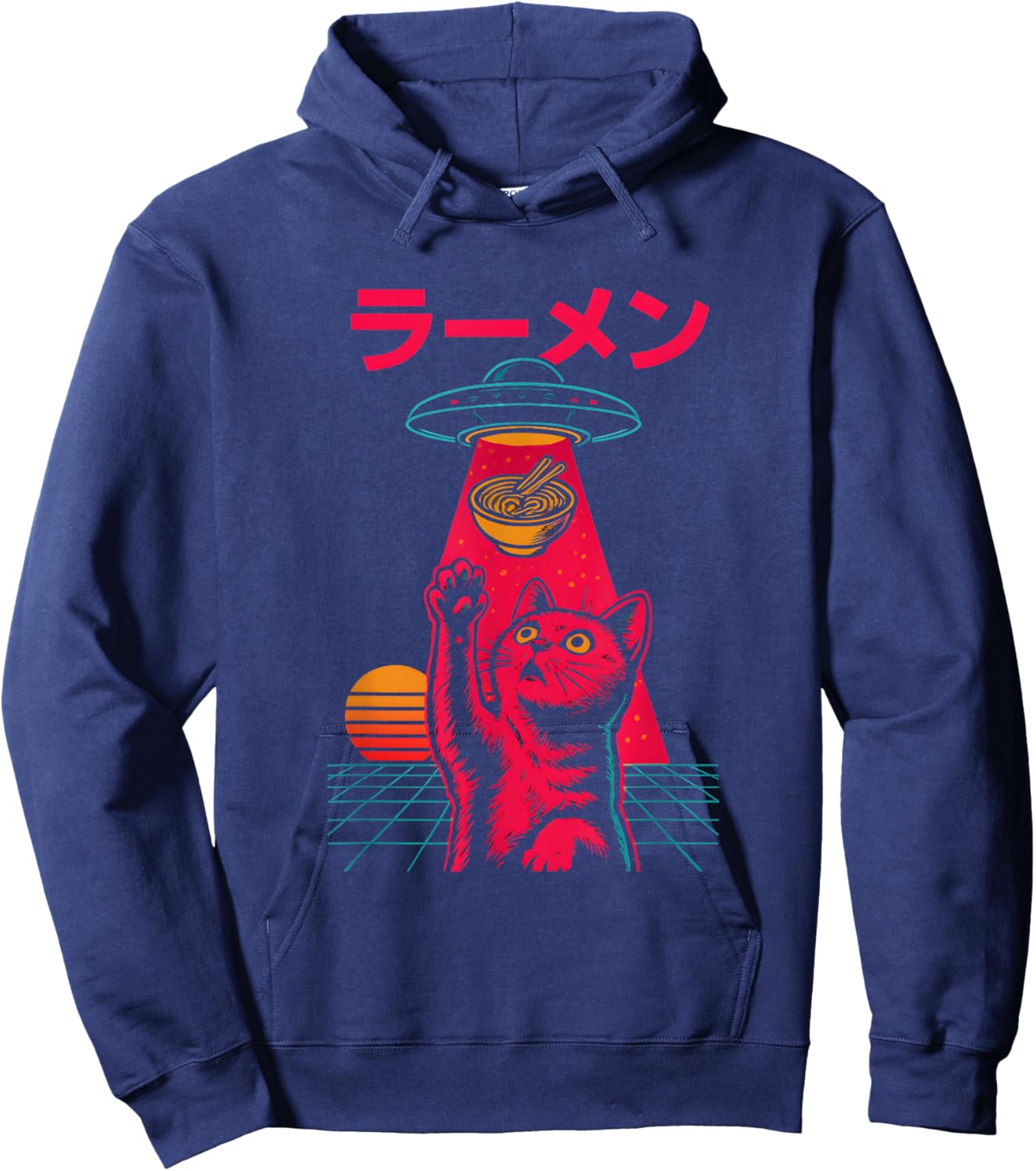 Cat Ramen Alien Abduction Vintage Japanese Retro UFO Graphic Hoodie - Hoodie | Navy