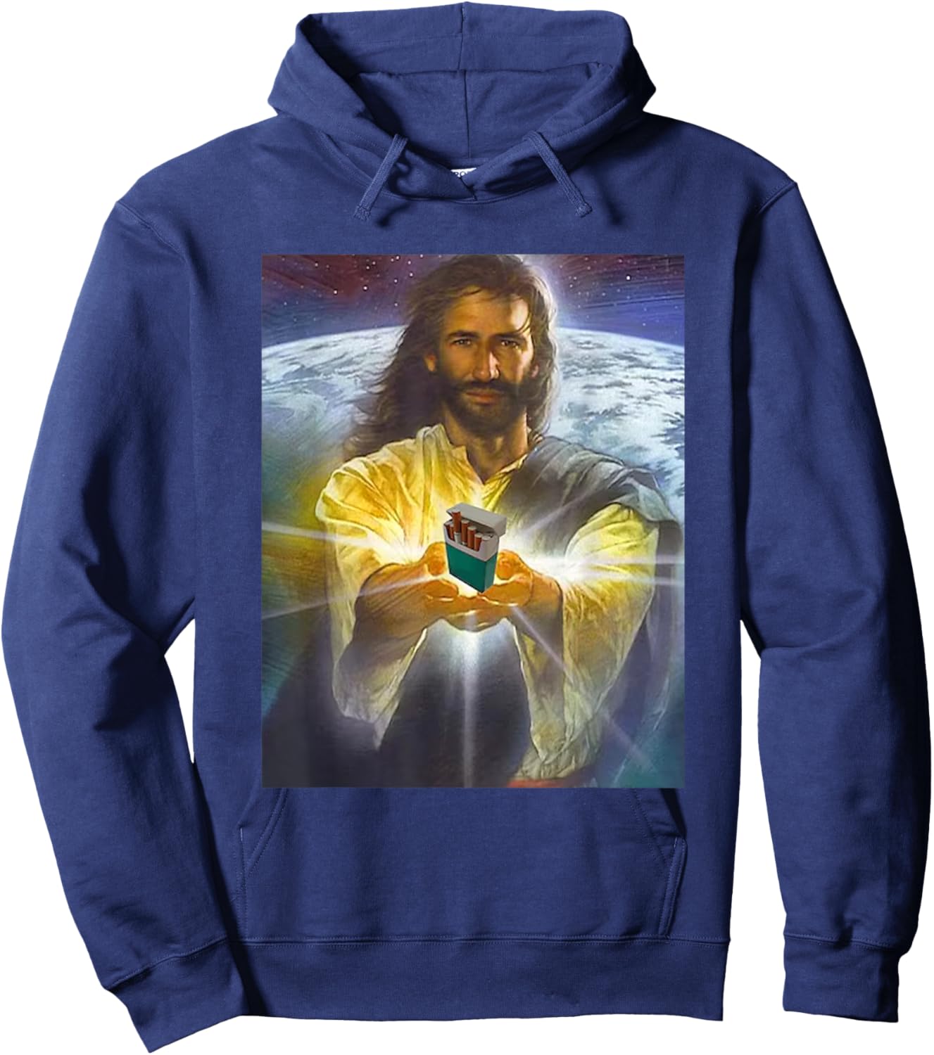 Jesus Holding Cigarettes Funny Jesus -Adults Black Short Sleeve Small Hoodie - Hoodie | Navy