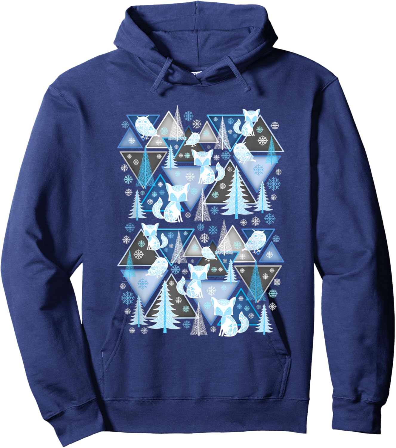 Cute Winter Season Scene Fox Pine Trees Owls Snowflakes Hoodie - Hoodie | Navy