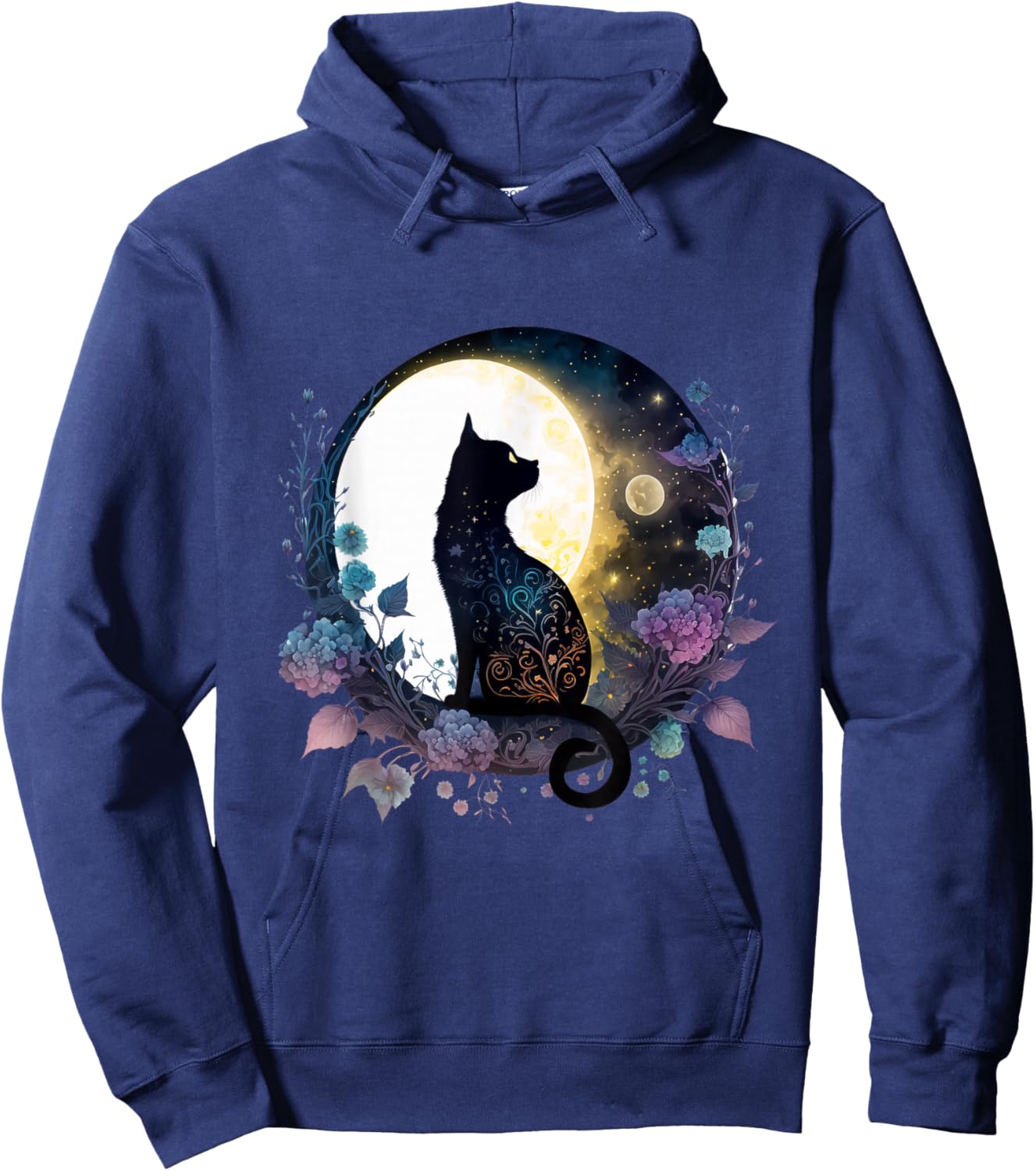 Moonlit Black Cat – Lunar Floral Night Cat Hoodie - Hoodie | Navy