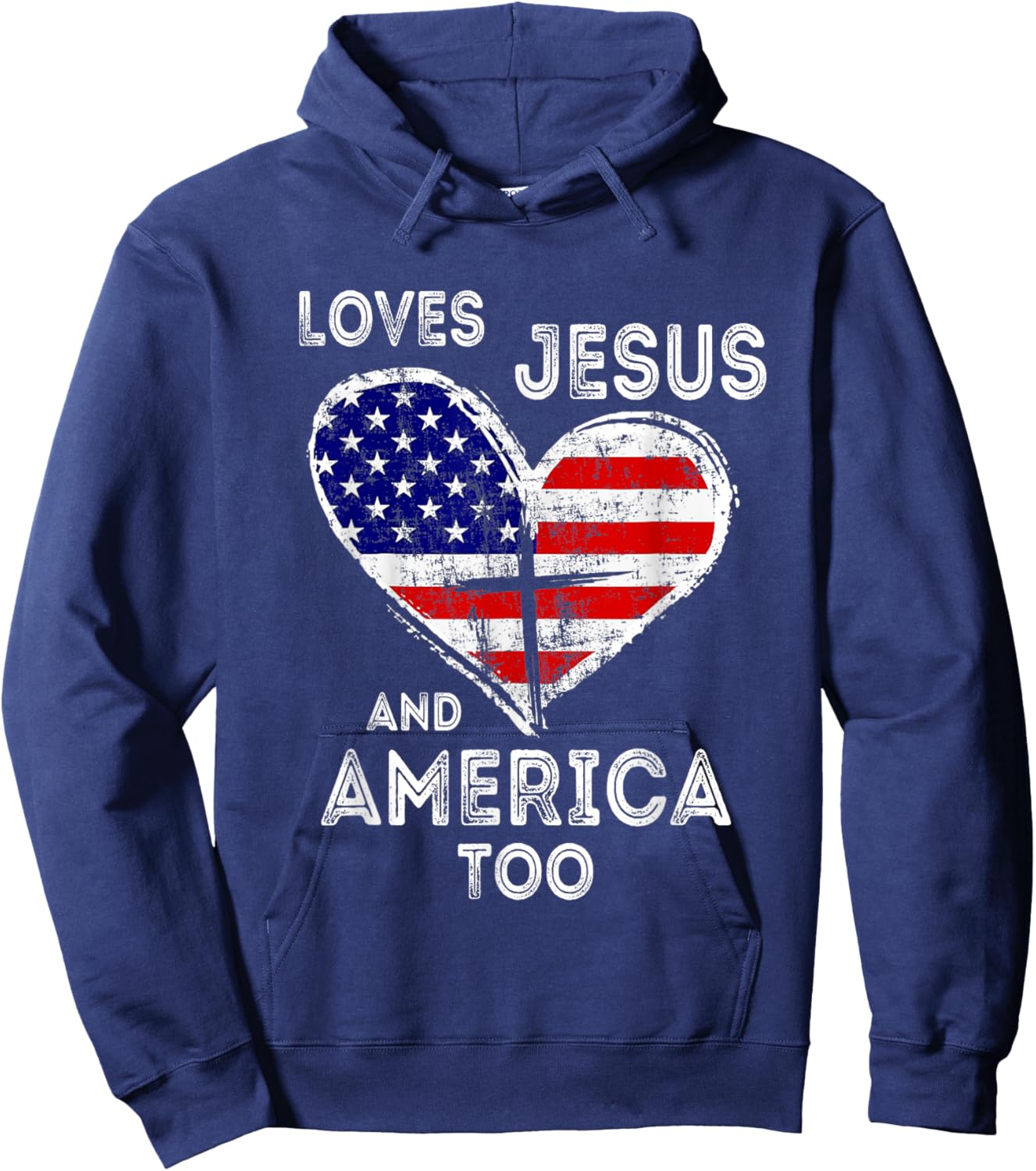 Retro Loves Jesus and America Too God Christian 4th of July Hoodie - Hoodie | Navy