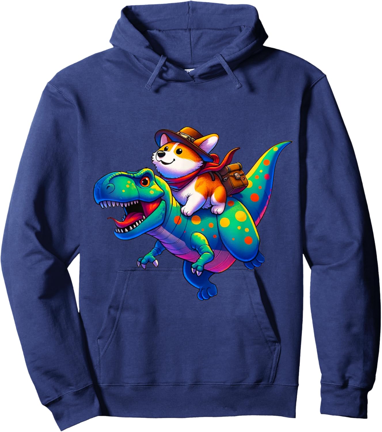 Corgi Riding Dinosaur T rex Boys Girls Hoodie - Hoodie | Navy