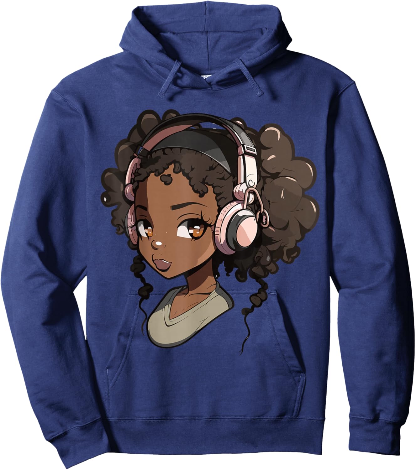 Anime and Music Black Girl Anime Merch Afro African American Hoodie - Hoodie | Navy