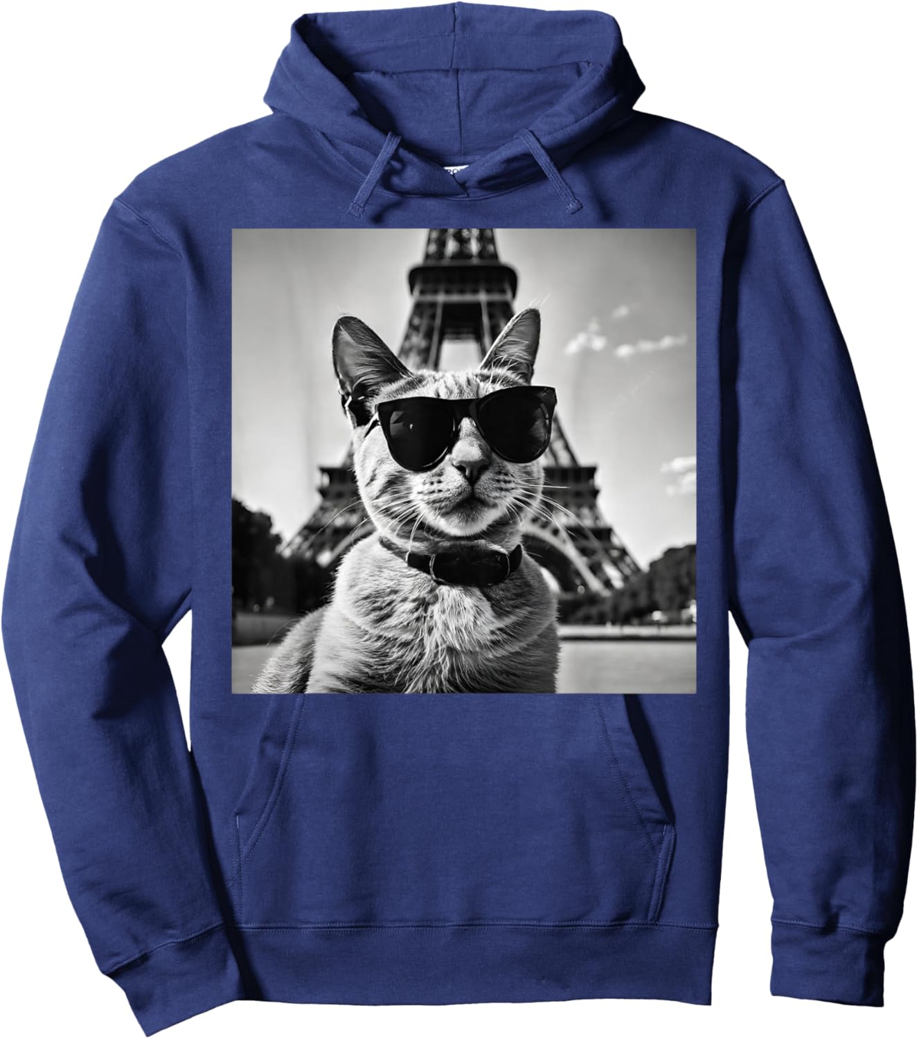Funny French Cat Wearing Sunglasses and Paris Eiffel Tower Hoodie - Hoodie | Navy