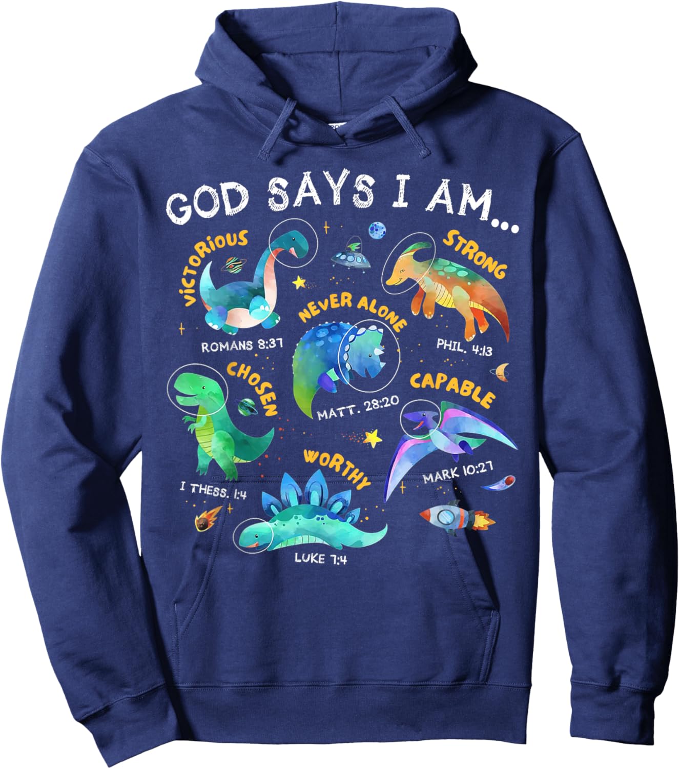 God Says I Am Outer Space Dinosaur Bible Christian Kids Boys Hoodie - Hoodie | Navy