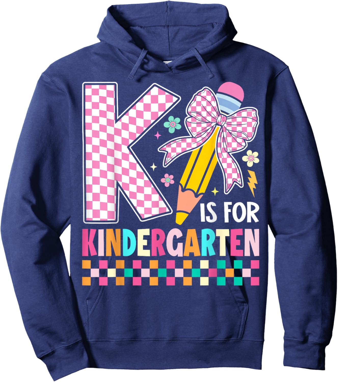 K is for Kindergarten Back to School Pencil Bow Retro Hoodie - Hoodie | Navy