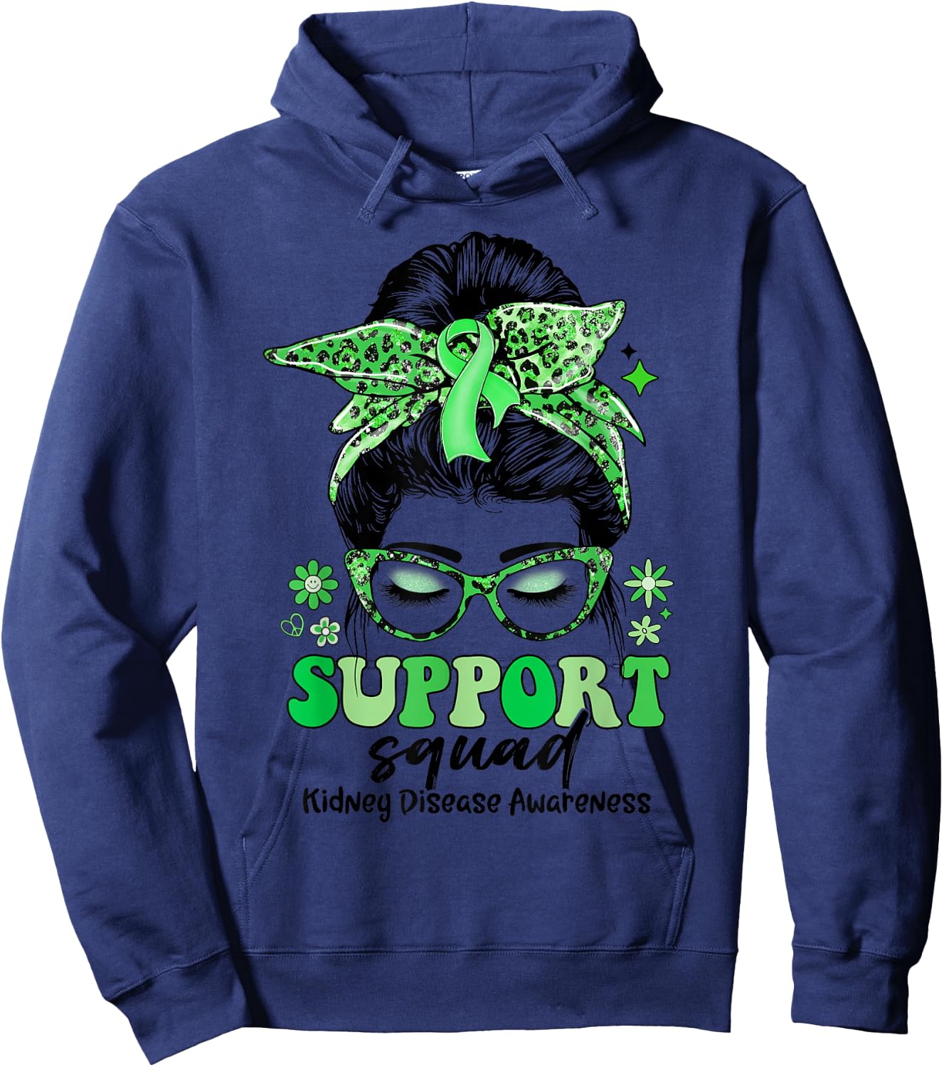Groovy Support Squad Messy Bun Women Kidney Disease Hoodie - Hoodie | Navy