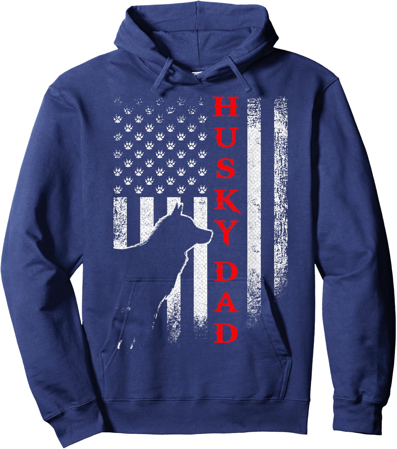 Vintage USA American Flag Siberian Husky Dog Dad Silhouette Women Men Hoodie - Hoodie | Navy