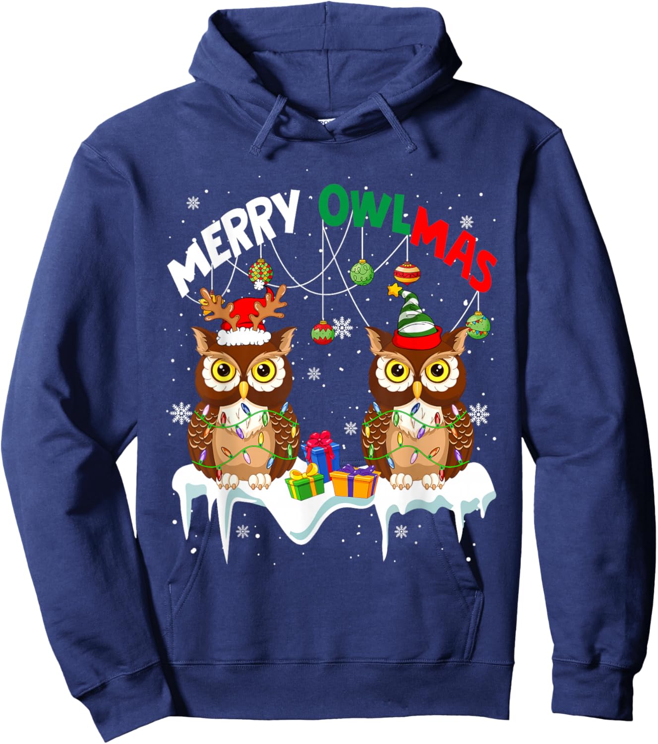 Merry Owlmas Two Santa Elf Owls Bird Lover Family Kids Hoodie - Hoodie | Navy