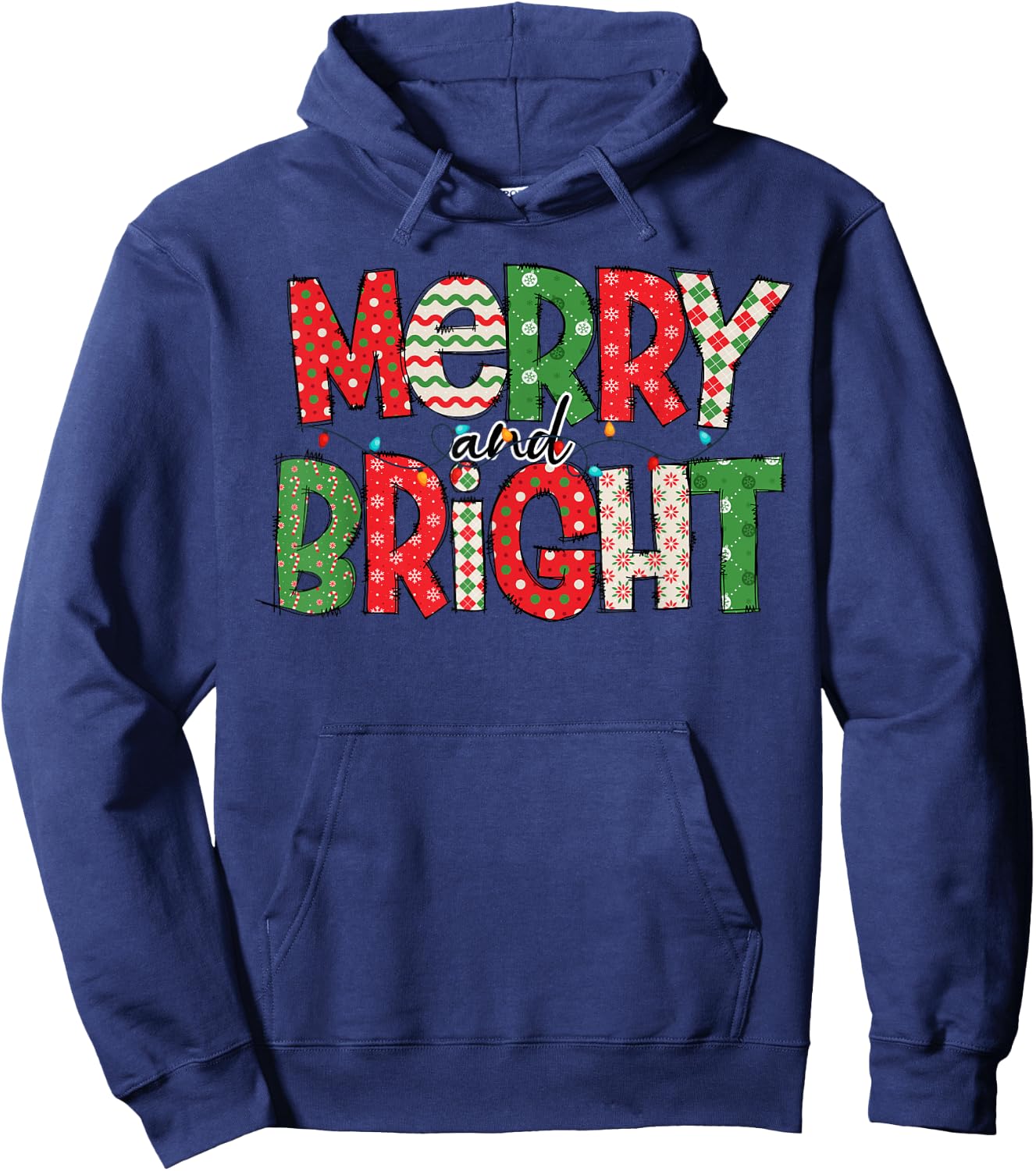 Merry And Bright Christmas Pajama Lights Santa Hat Xmas 2024 Hoodie - Hoodie | Navy