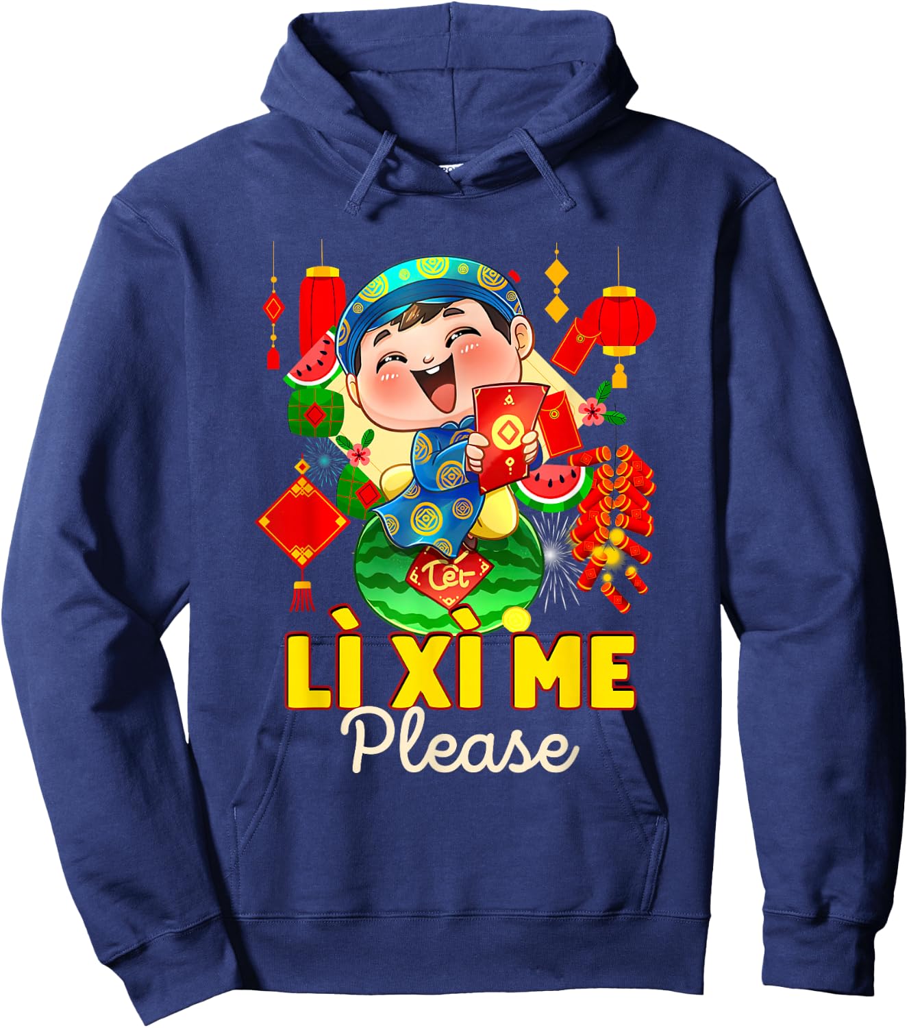 Happy Tet Chuc Mung Nam Moi 2025 Li Xi Me Please Kids Boys Black Modern Classic Cartoon Birthday Hoodie - Hoodie | Navy