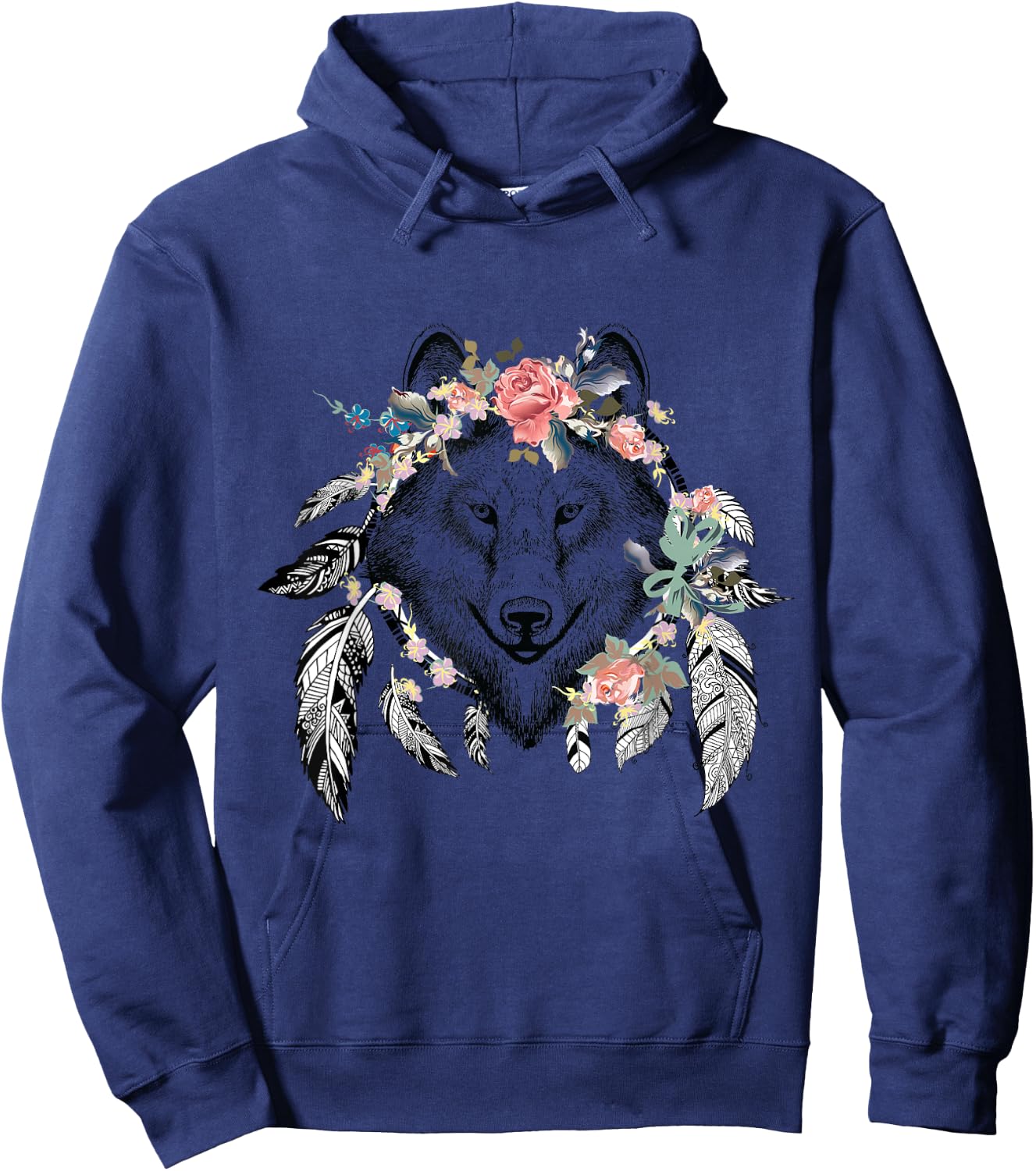 Ethnic Tribal Wolf Head Boho Feather Native American Hippie Hoodie - Hoodie | Navy