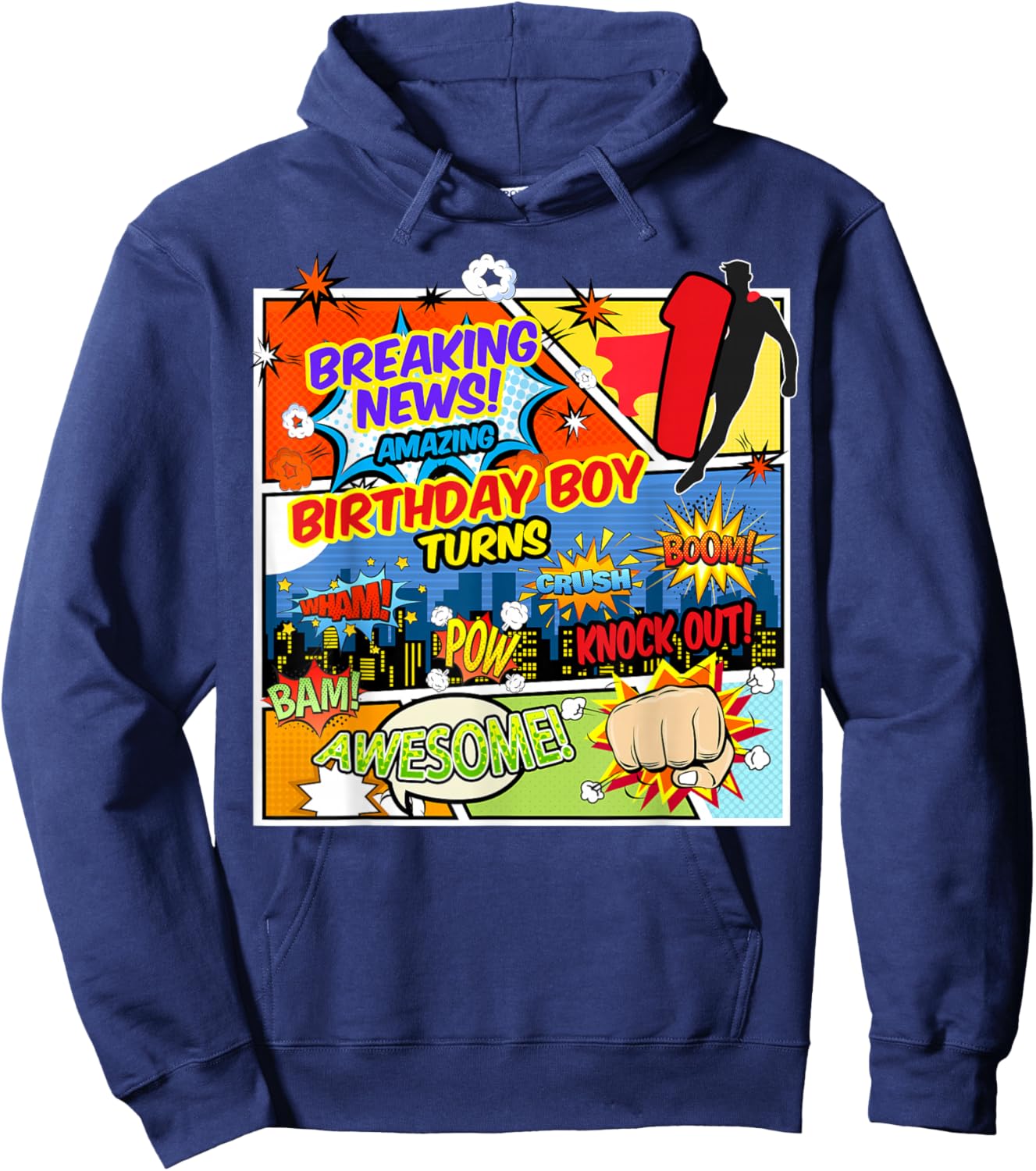 1st Birthday Boy Superhero Comic Book Theme 1 Years Old Hoodie - Hoodie | Navy