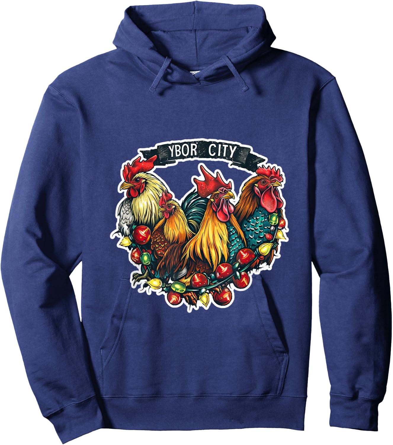 Ybor City Tampa Florida Chickens Roosters Christmas Lights Hoodie - Hoodie | Navy