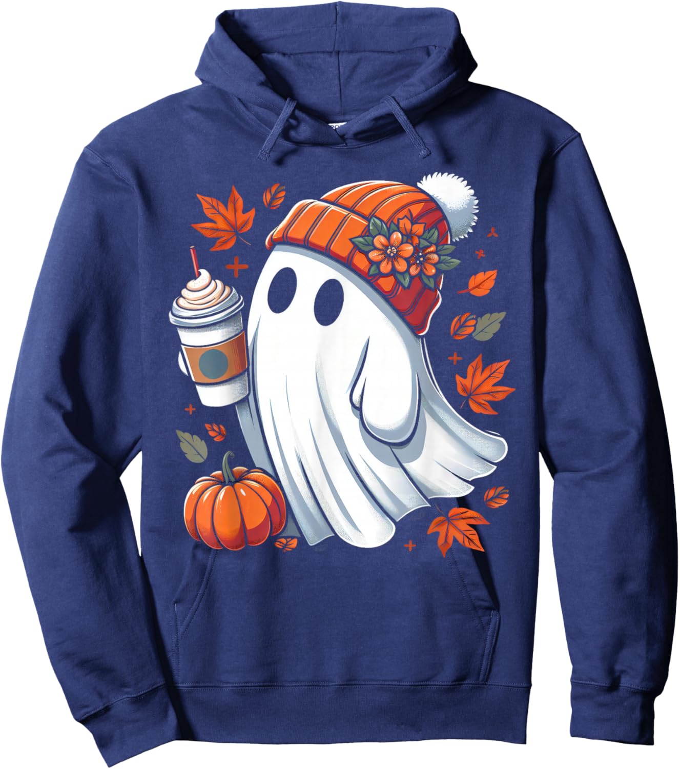 Cute Ghost Drinking Coffee Halloween Ghost Ice Coffee Hoodie - Hoodie | Navy