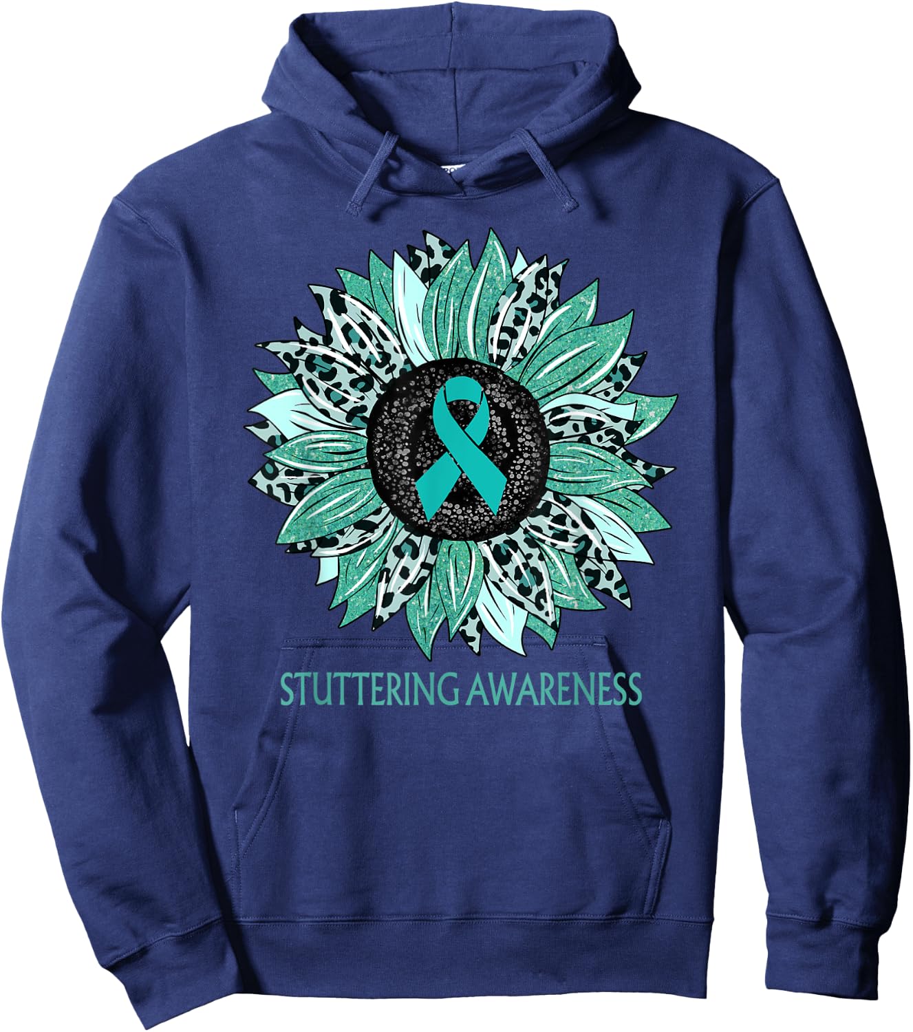 Leopard Sunflower Stuttering Awareness Teal Ribbon Hoodie - Hoodie | Navy
