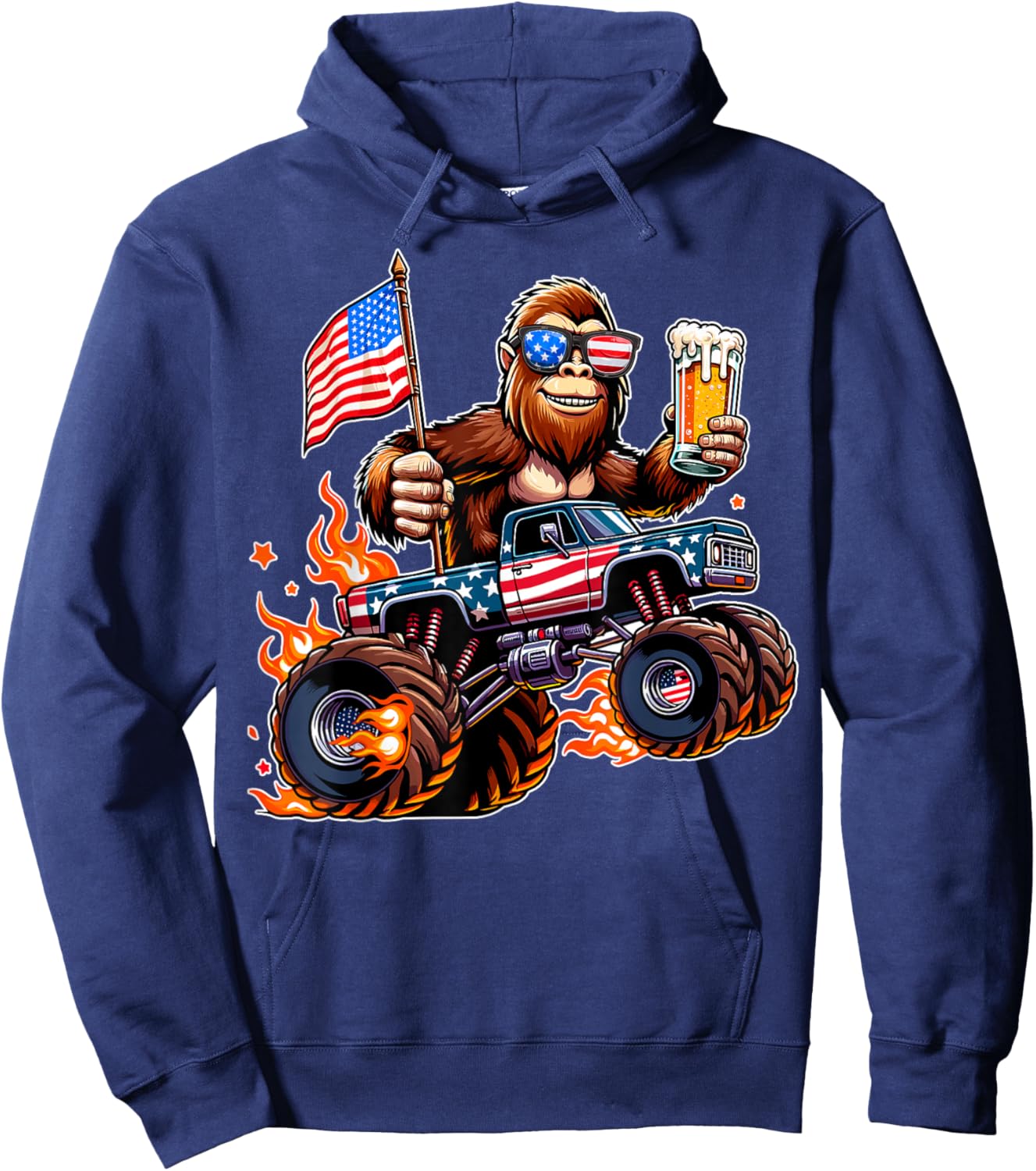 Bigfoot Monster Truck Beer USA Flag 4th of July Sasquatch Hoodie - Hoodie | Navy