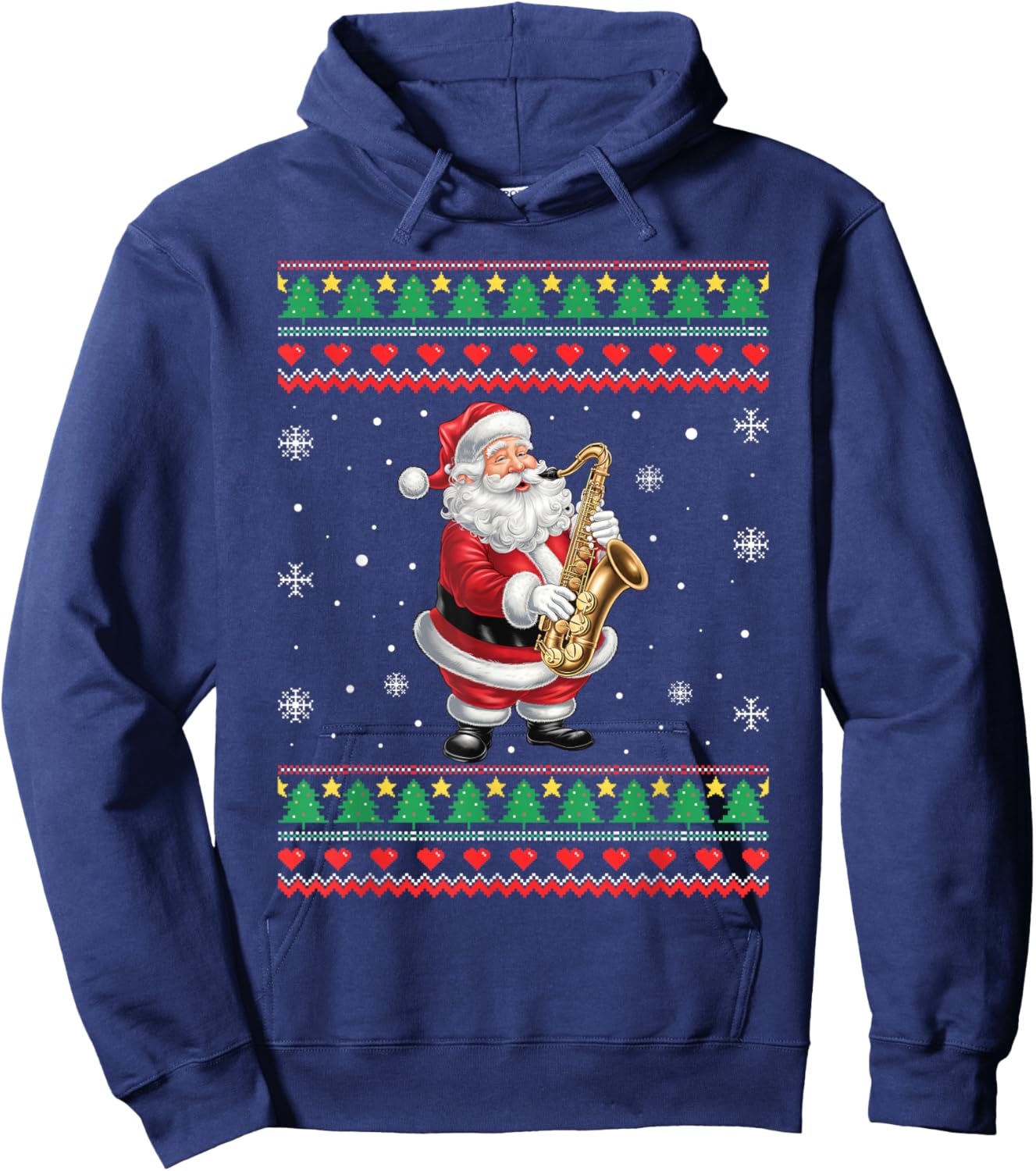 Funny Christmas Santa Saxophone Musician Ugly Xmas Men Women Hoodie - Hoodie | Navy