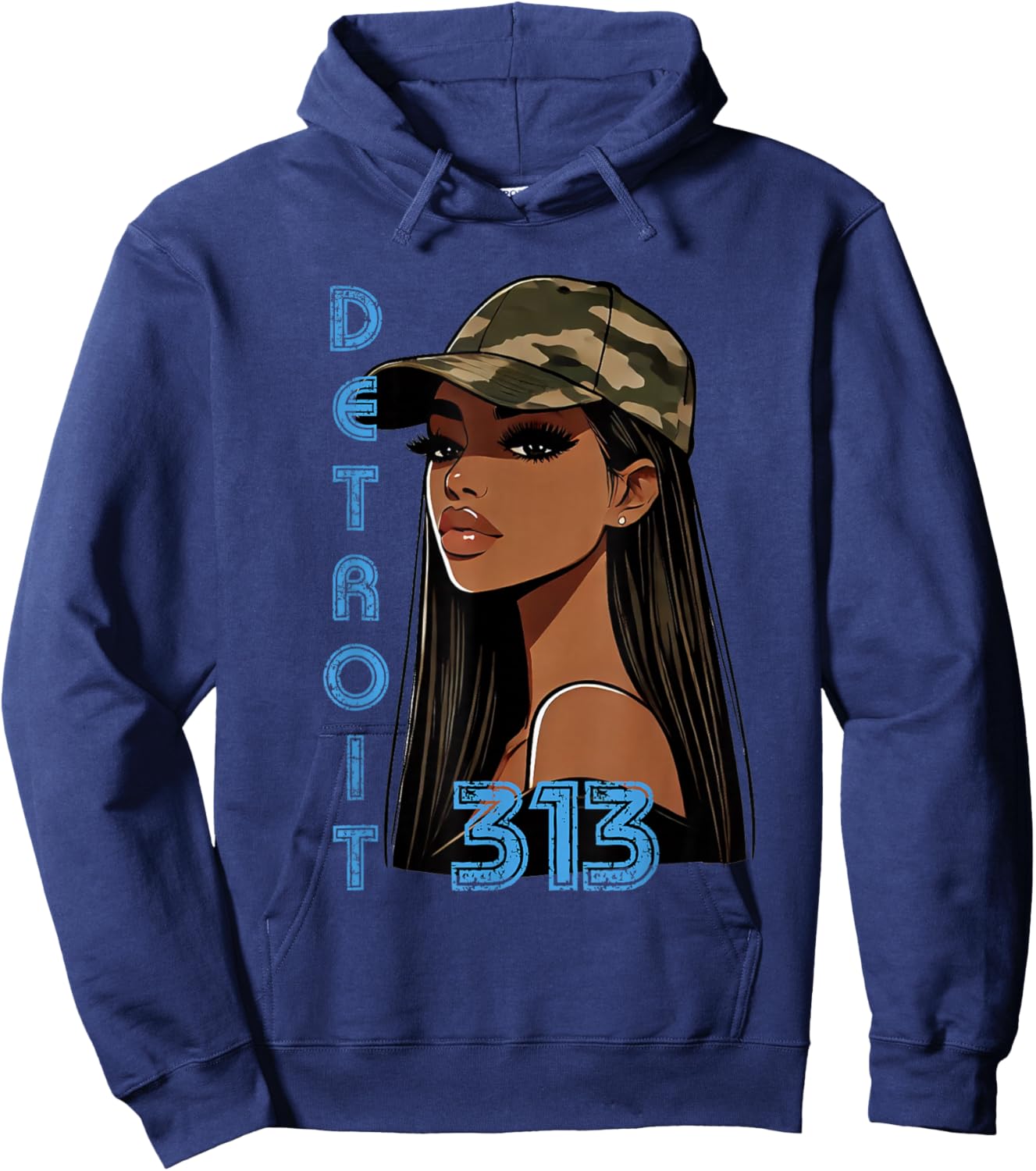 Detroit 313 Black Woman Camo Hat Hometown Hoodie - Hoodie | Navy