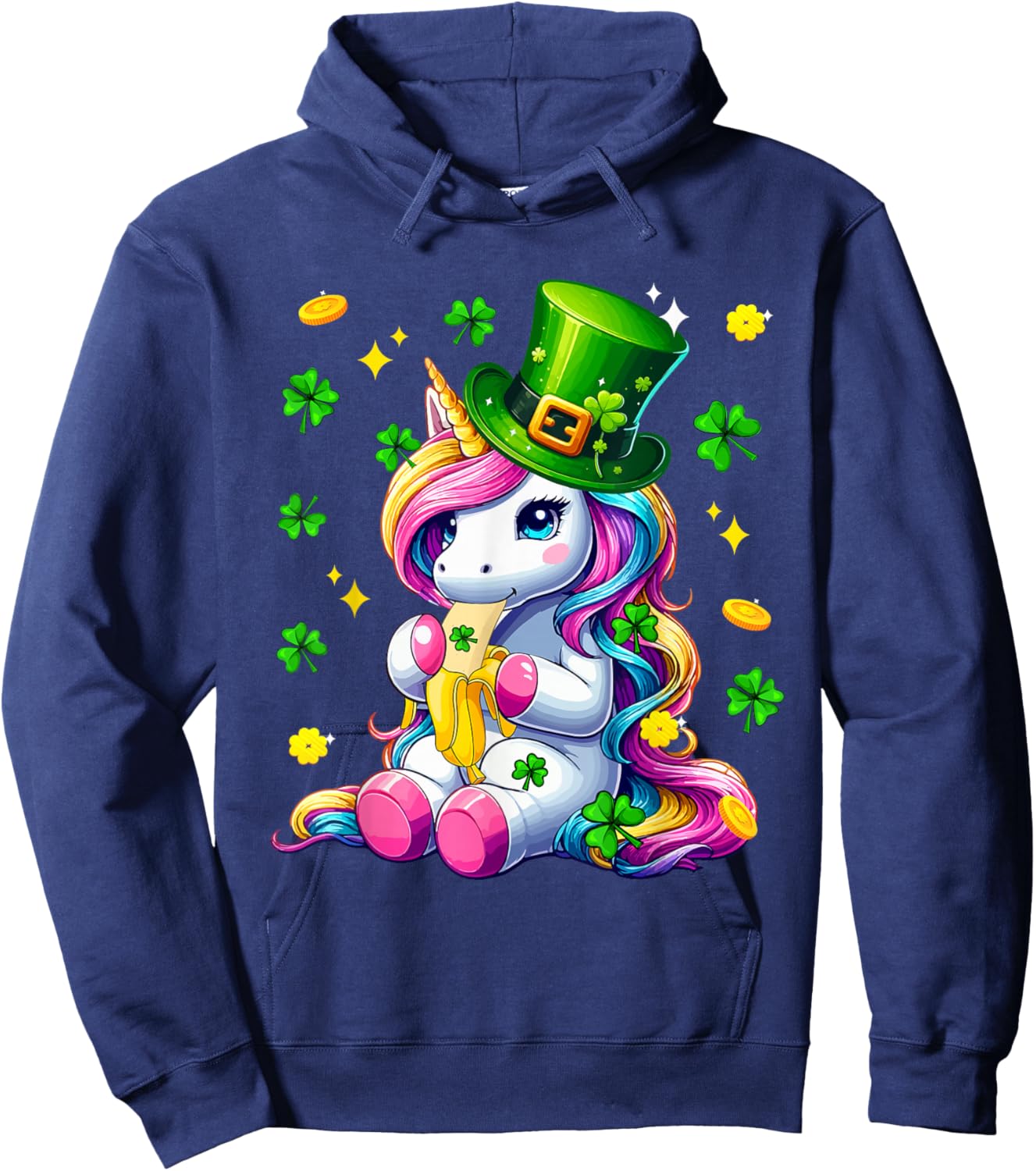 Colorful Unicorn Eating Banana St. Patrick's Day Shamrocks Hoodie - Hoodie | Navy