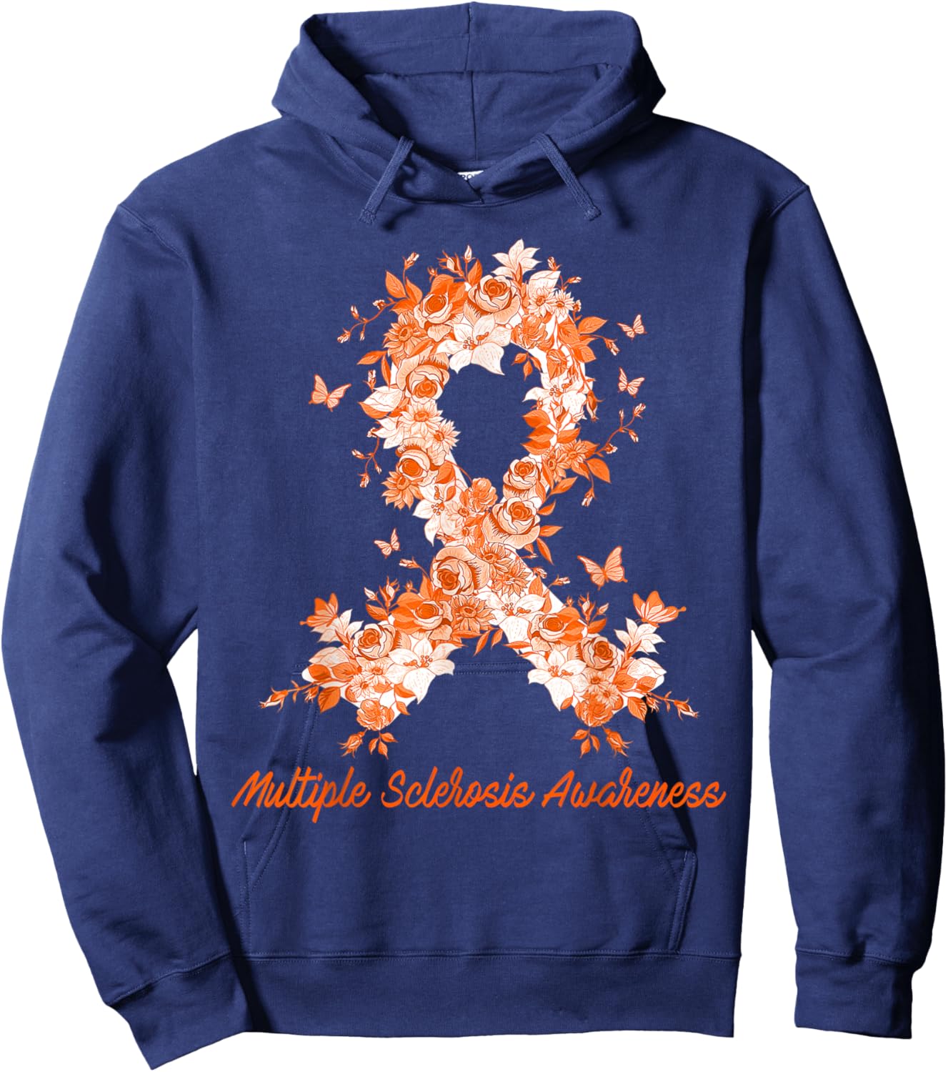 Multiple Sclerosis Awareness Butterfly Floral Flowers Orange Hoodie - Hoodie | Navy
