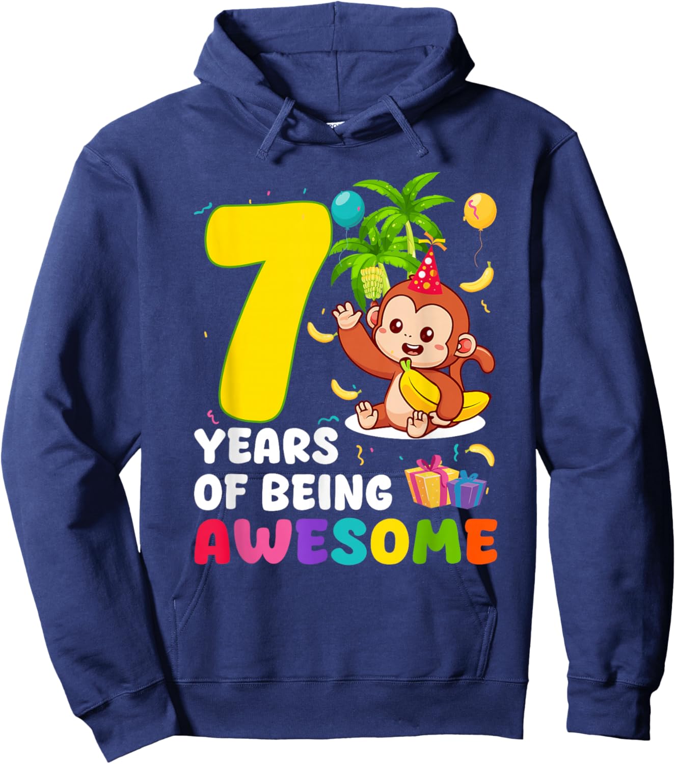 7th Birthday Monkey Themed Party 7 Years of Being Awesome Hoodie - Hoodie | Navy