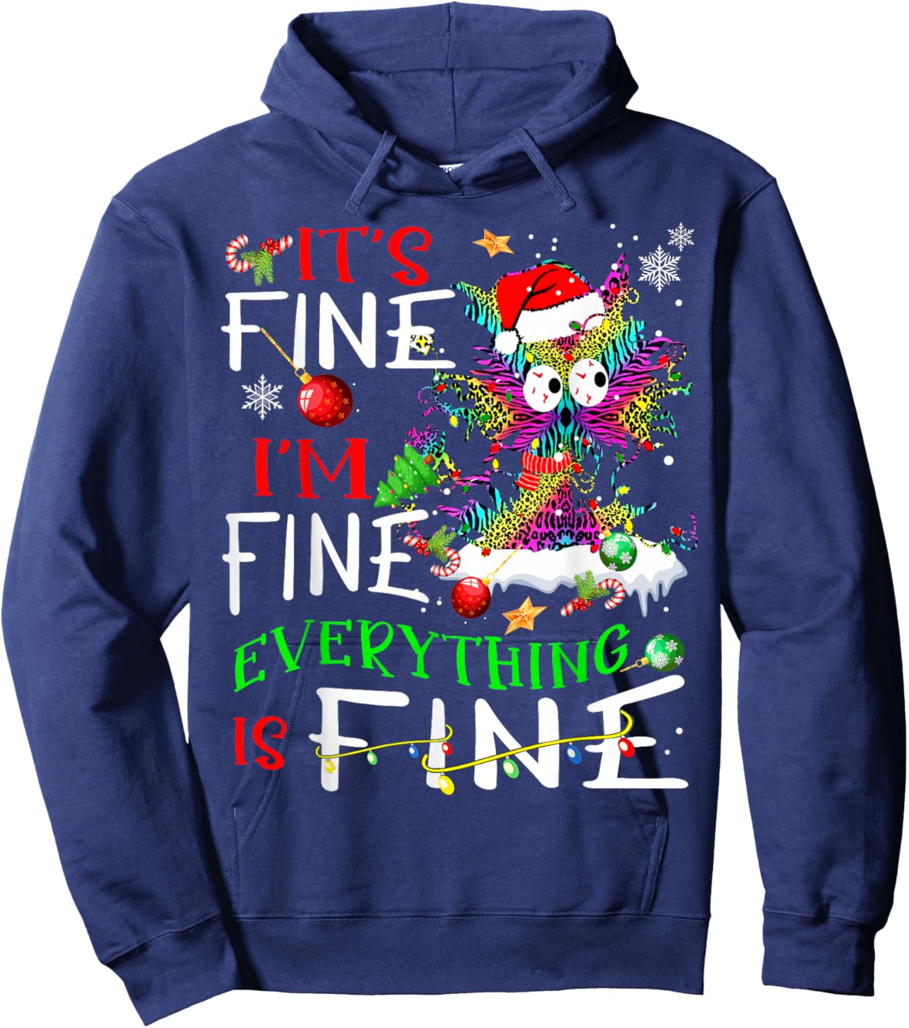 It's Fine I'm Fine Everything Is Fine Tie Dye Cat Xmas Light Hoodie - Hoodie | Navy