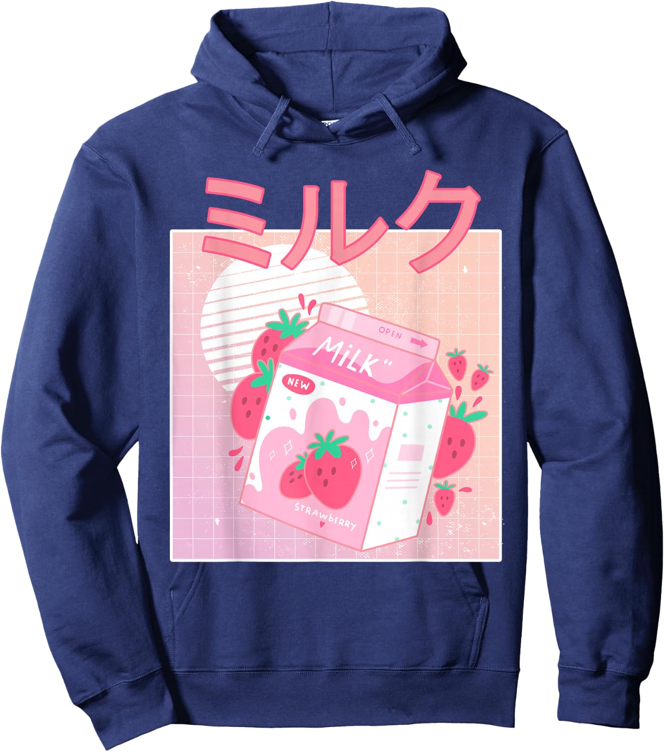 Funny Retro 90s Japanese Kawaii Strawberry Milk Shake Carton Hoodie - Hoodie | Navy