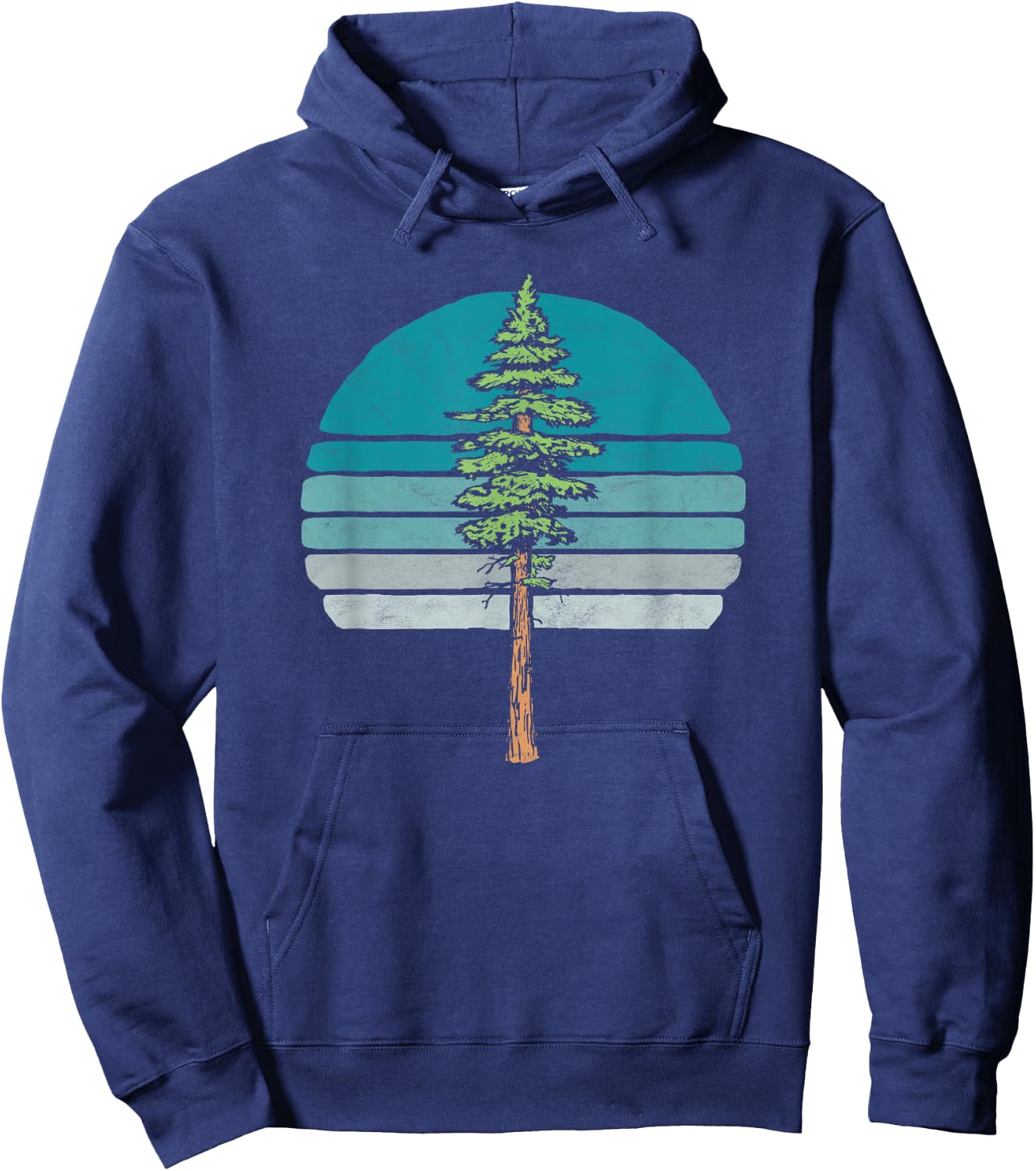 Redwood Tree & Retro Blue Sunset 80s Outdoor Graphic Hoodie - Hoodie | Navy