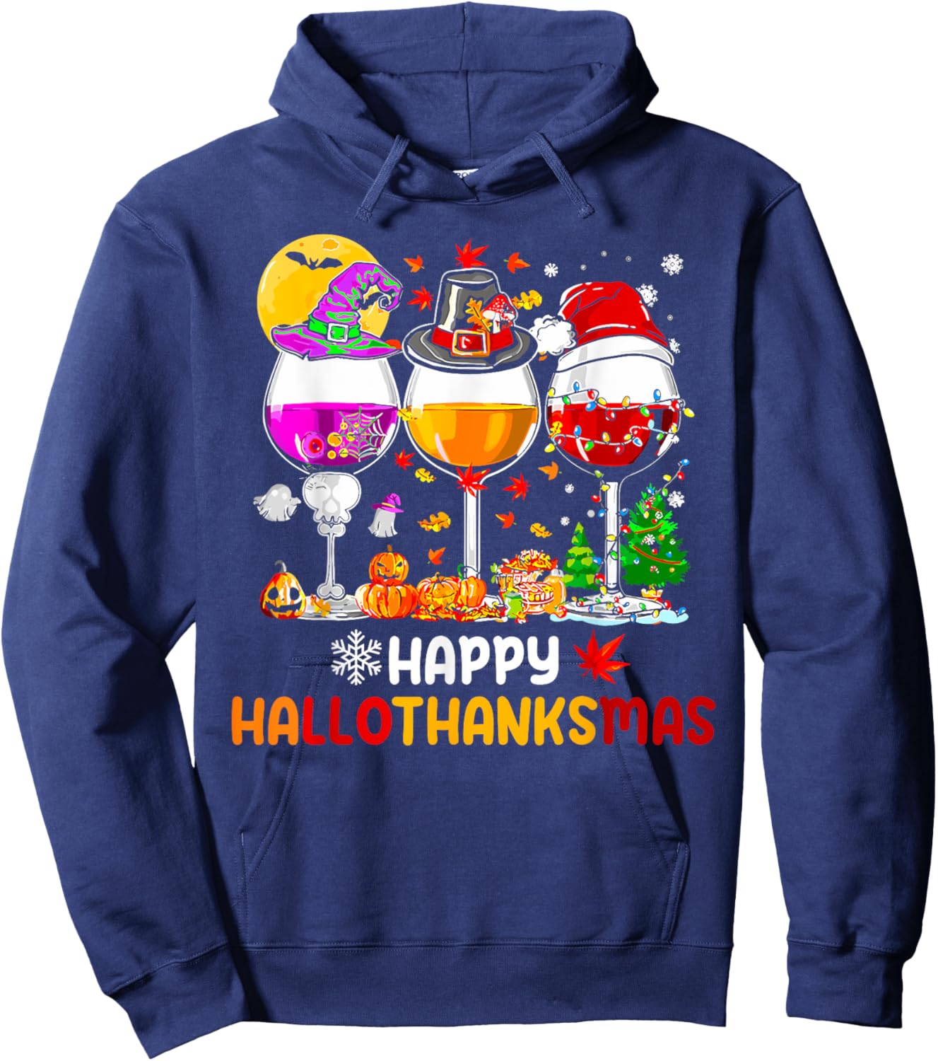 Happy Hallothanksmas Halloween Thanksgiving Christmas Fall Hoodie - Hoodie | Navy