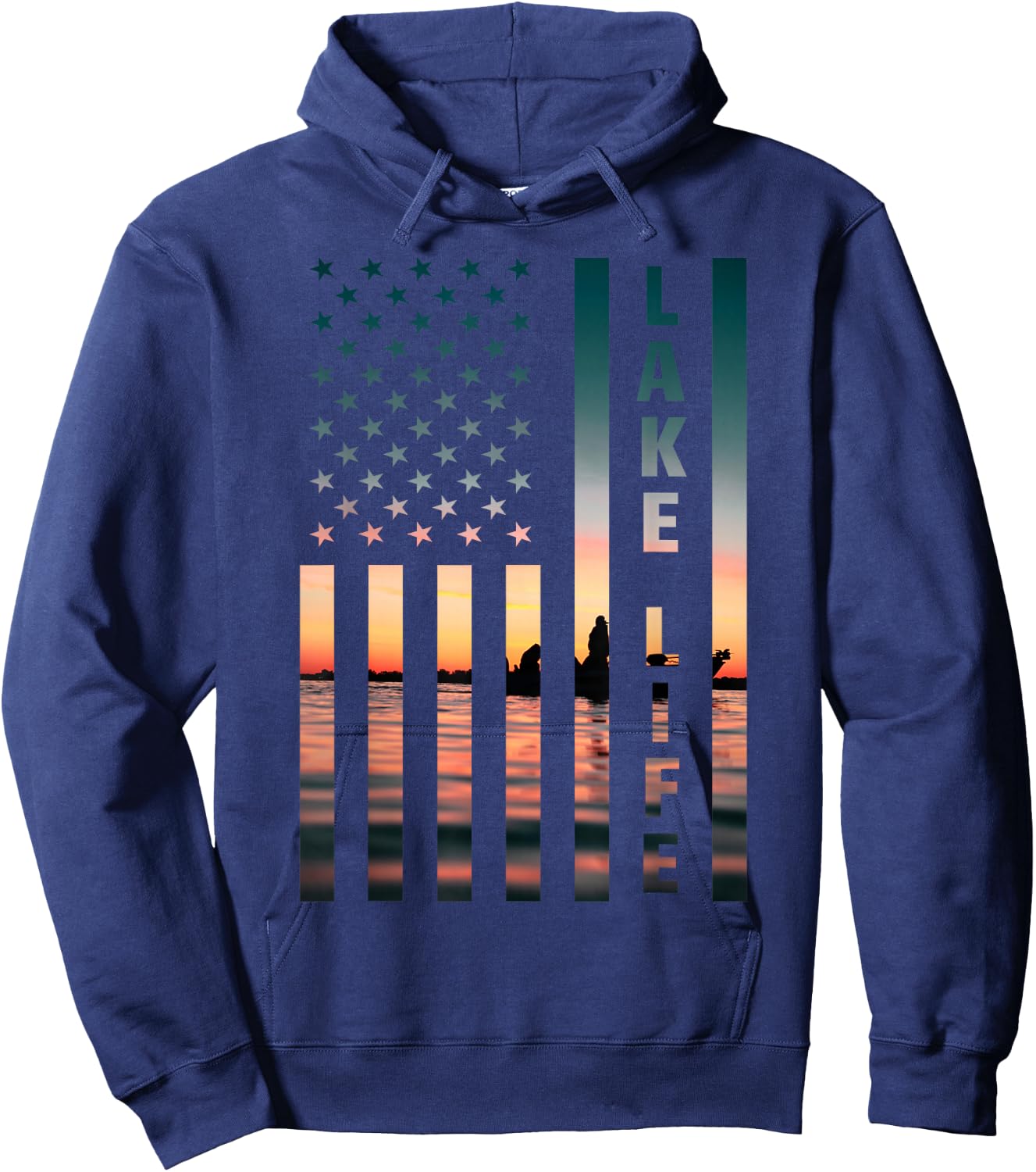 Lake Life Fisherman Sunset American Flag Bass Fishing Boat Hoodie - Hoodie | Navy