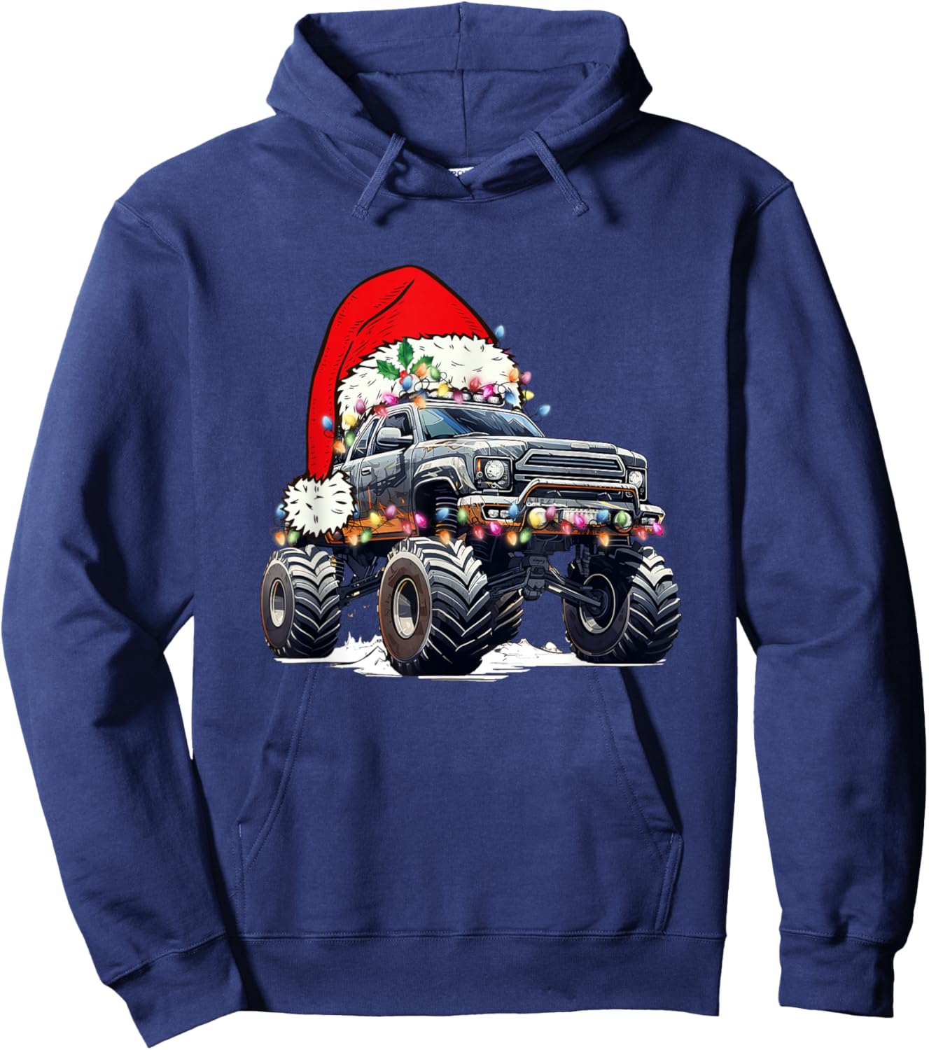 Monster Truck Christmas Tree Ornament Santa Hat Lights Xmas Hoodie - Hoodie | Navy