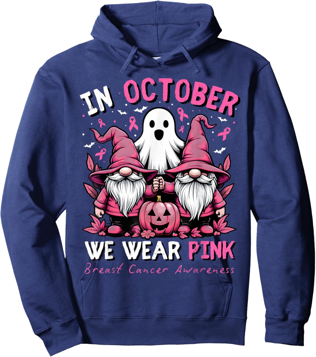 In October We Wear Pink Ghost Gnomes Breast Cancer Awareness Hoodie - Hoodie | Navy