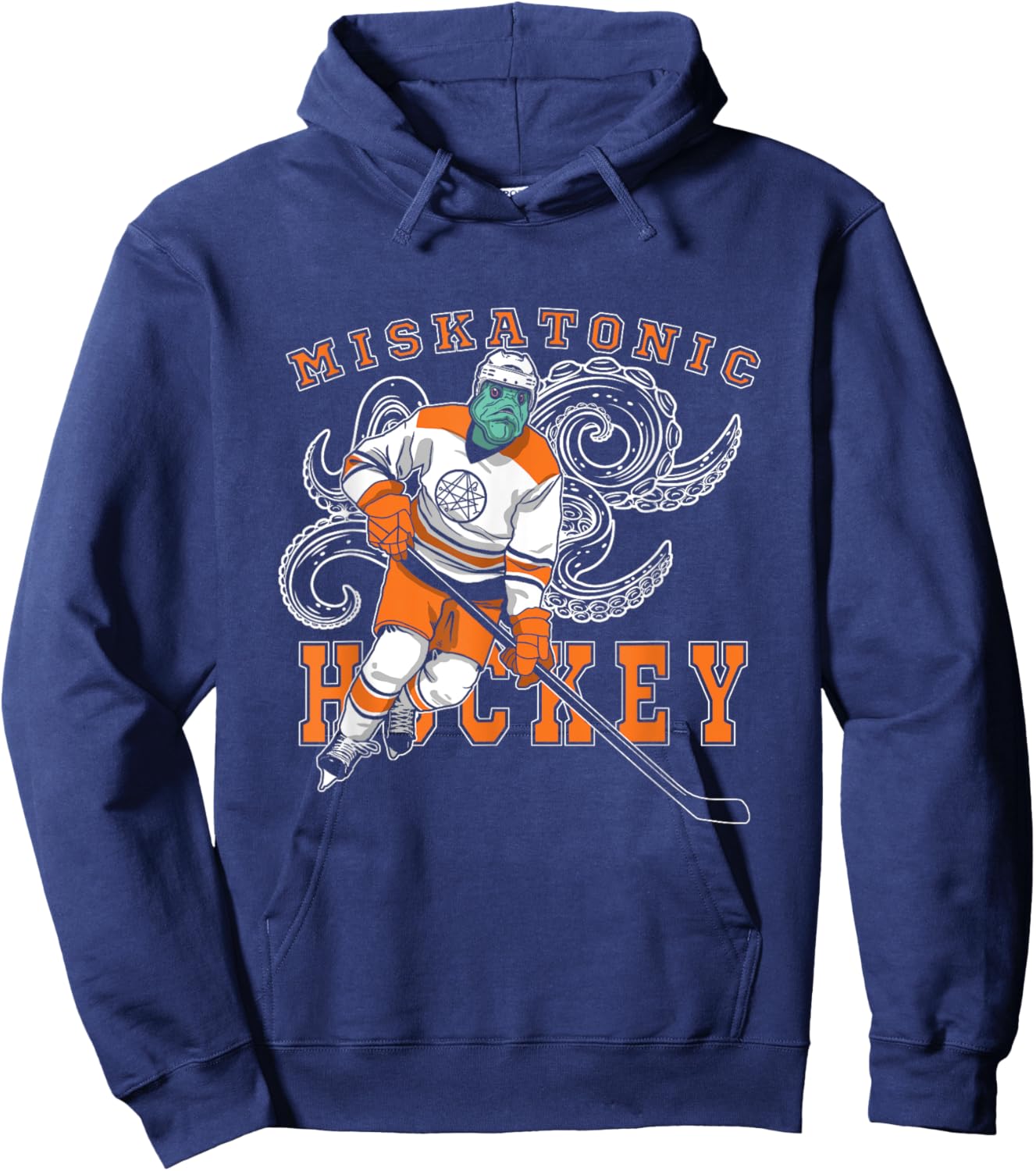 Miskatonic Hockey Sports Orange Horror Graphic On Dark Hoodie - Hoodie | Navy