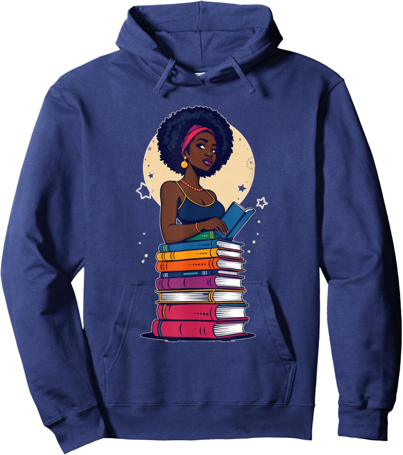 Black Woman And Books Stack - Afro Girl Reading Lover Hoodie - Hoodie | Navy